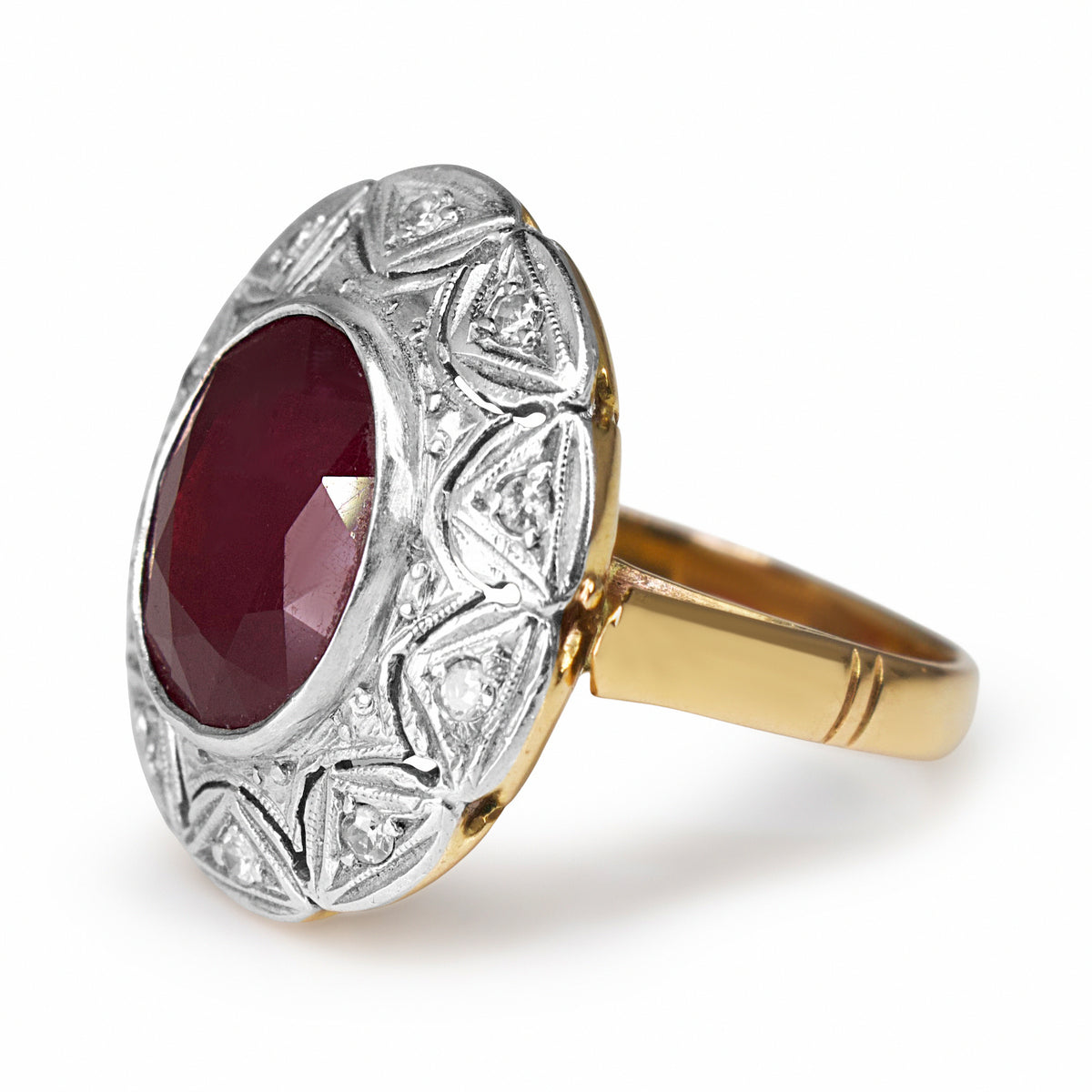 18ct Rose and White Gold Ruby and Single Cut Diamond Vintage Halo Ring