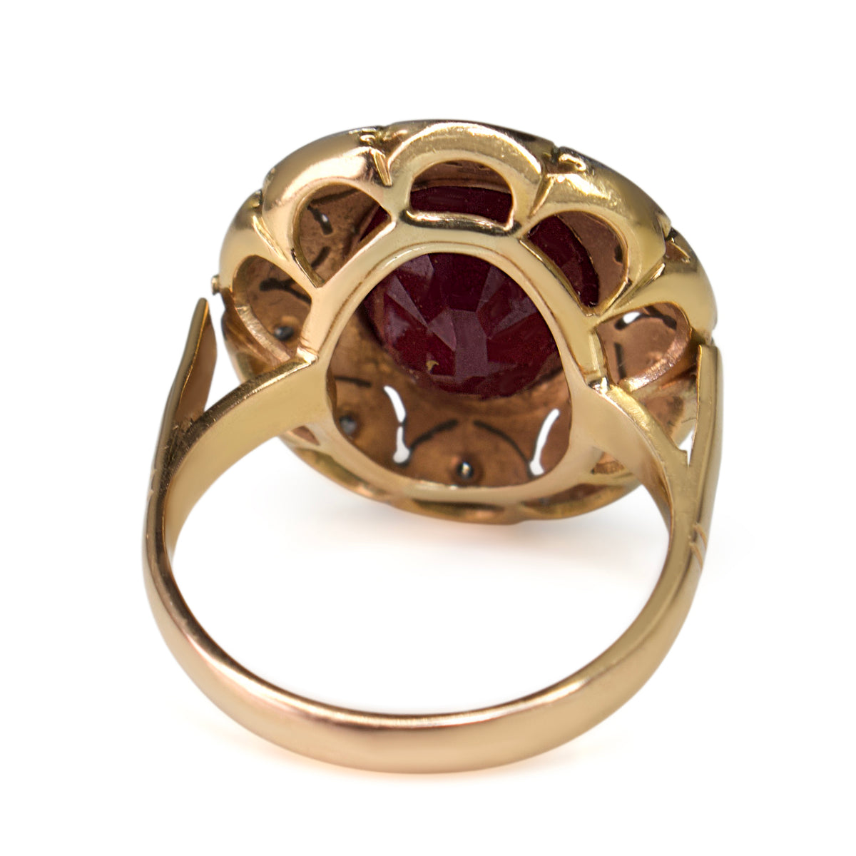18ct Rose and White Gold Ruby and Single Cut Diamond Vintage Halo Ring