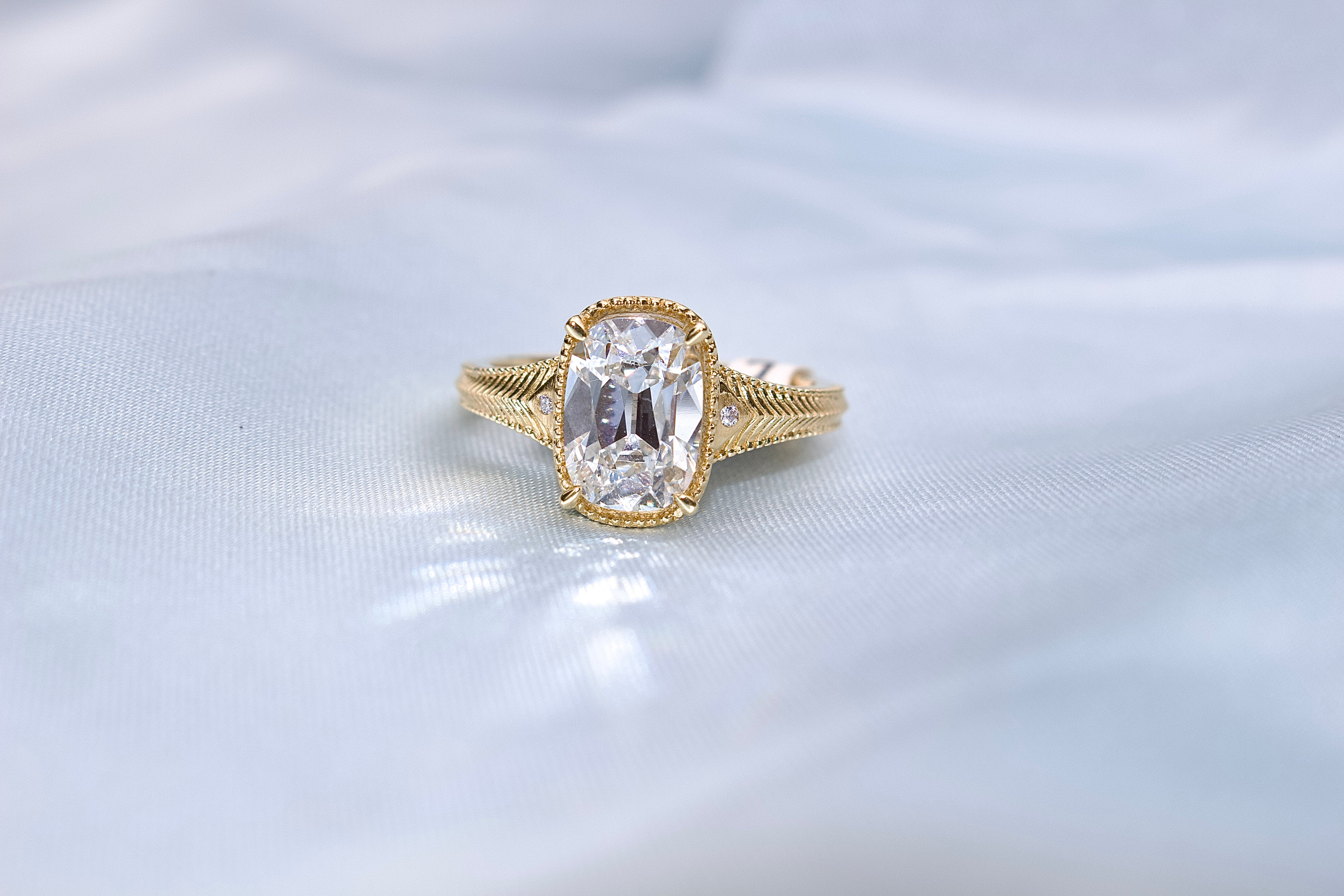 18ct Yellow Gold Lab Grown Old Mine Cushion Cut Diamond Ring