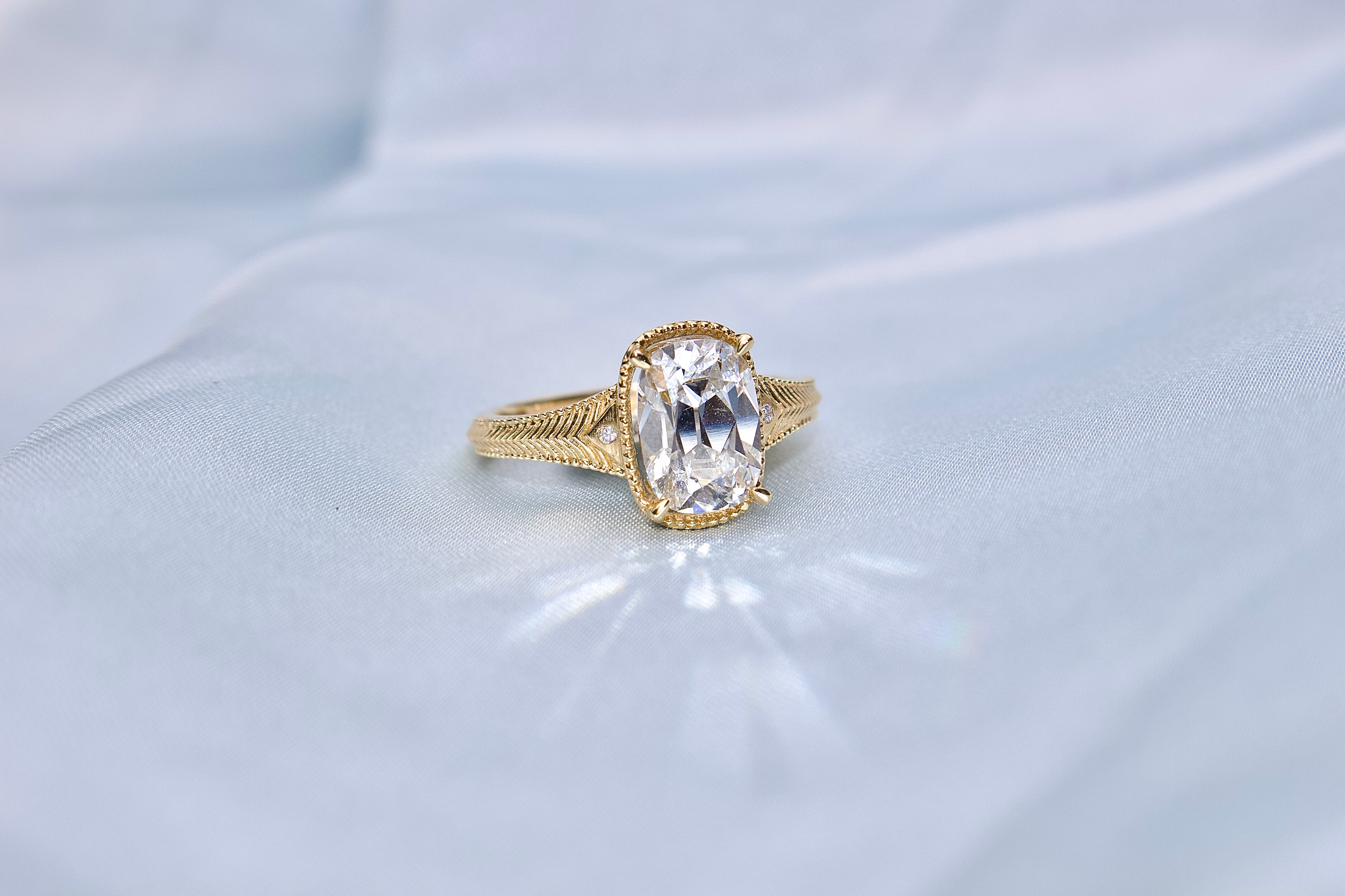 18ct Yellow Gold Lab Grown Old Mine Cushion Cut Diamond Ring