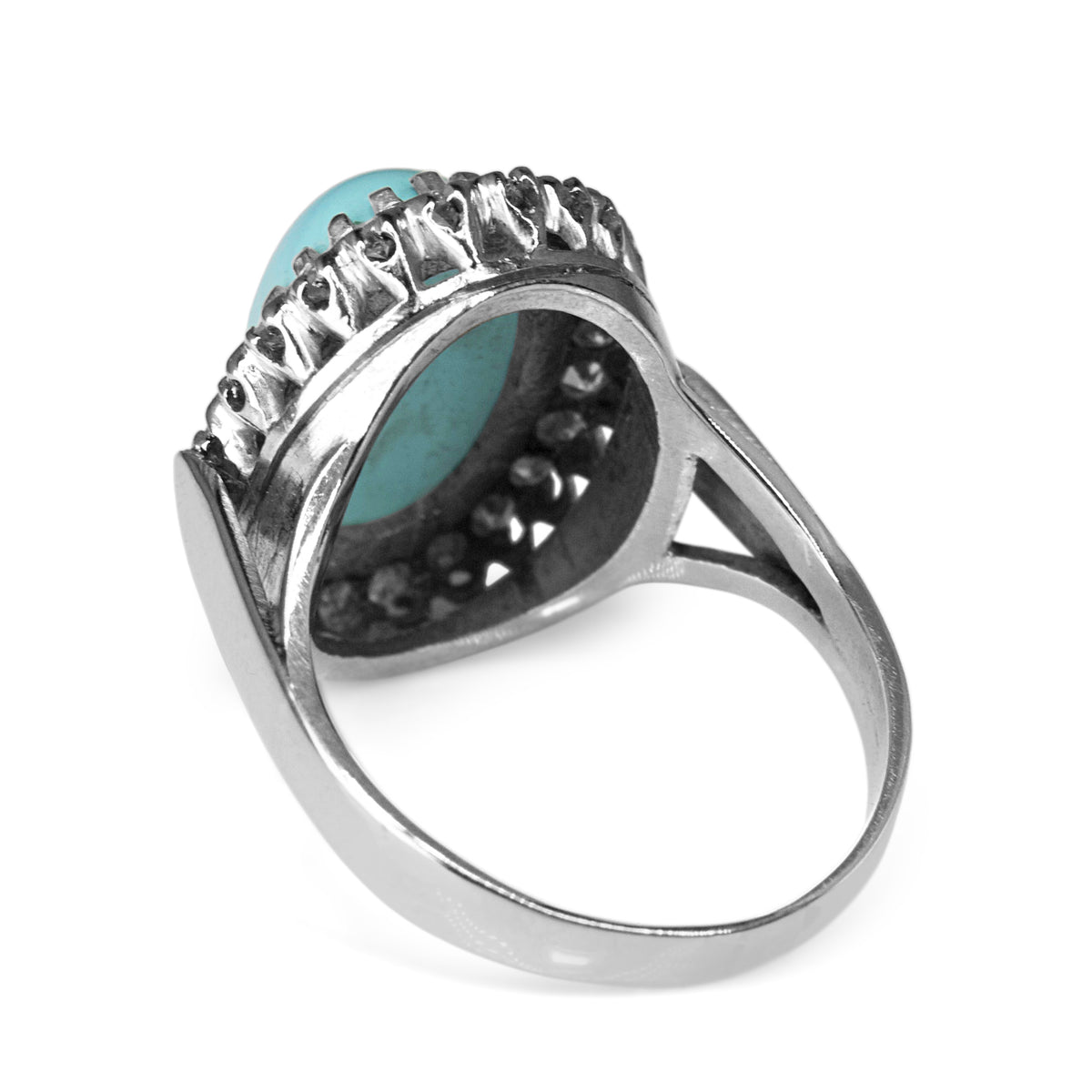 Palladium Turquoise and Single Cut Diamond Vintage Halo Ring