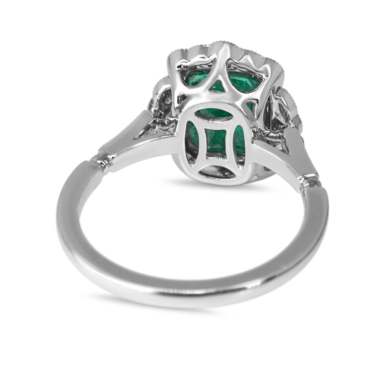18ct White Gold Emerald and Diamond Vintage Style Halo Ring