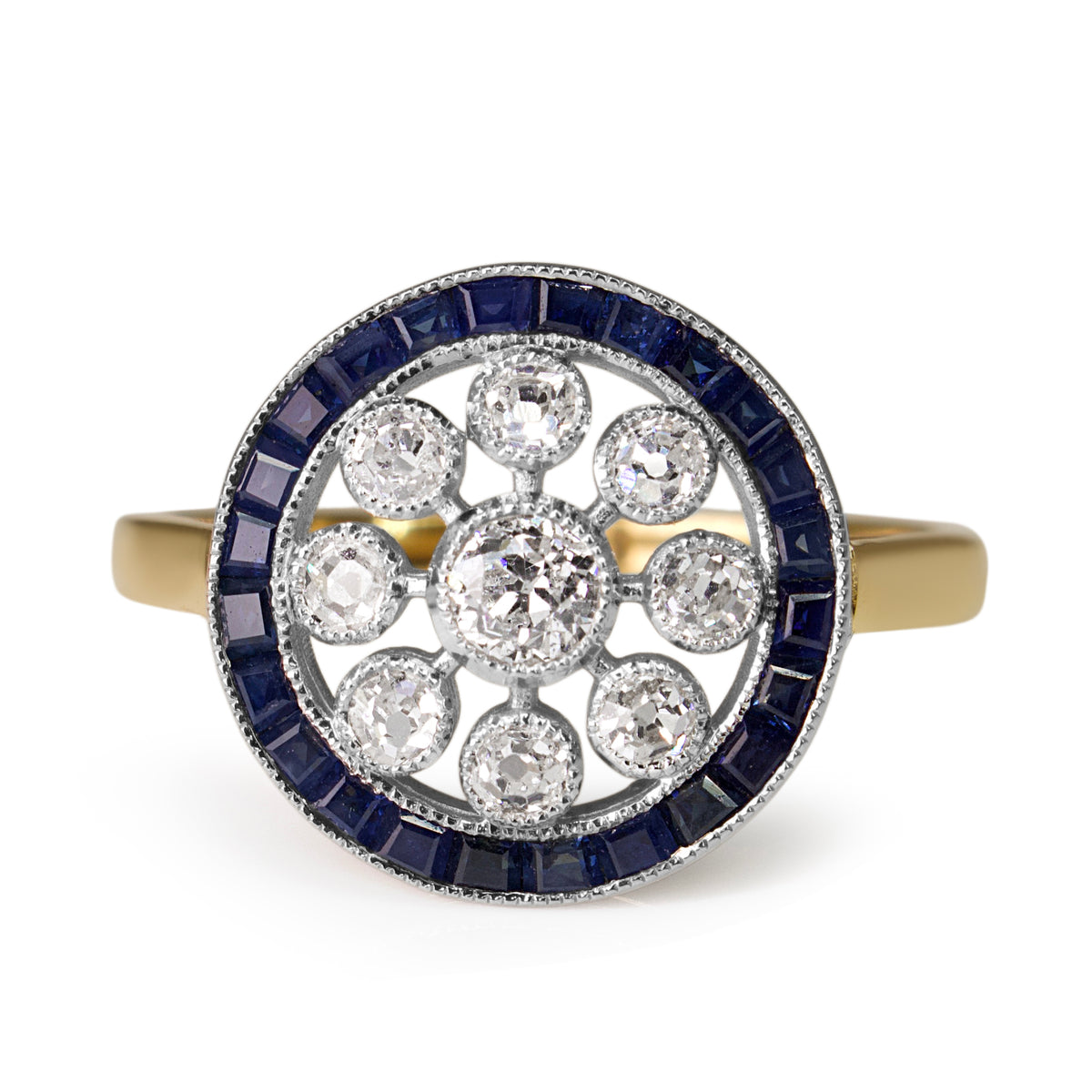 18ct Yellow and White Gold Art Deco Old Cut Diamond and Sapphire Ring