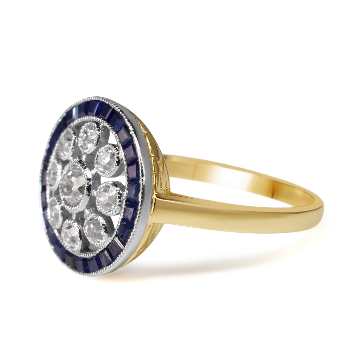 18ct Yellow and White Gold Art Deco Old Cut Diamond and Sapphire Ring