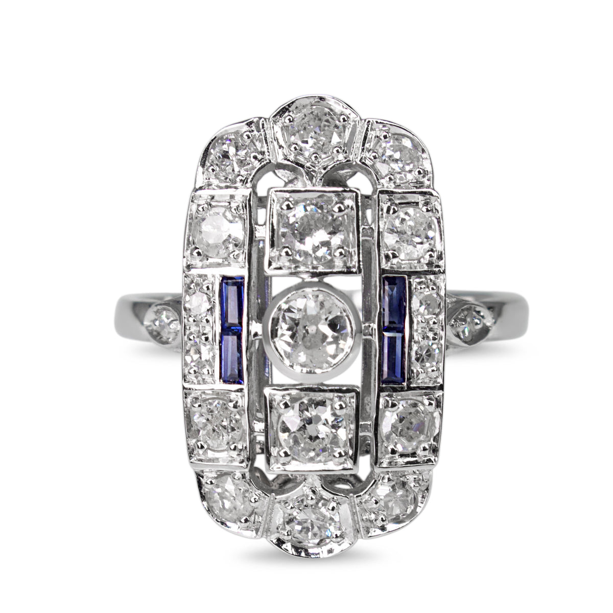 18ct White Gold Deco Style Old Cut Diamond and Sapphire Ring