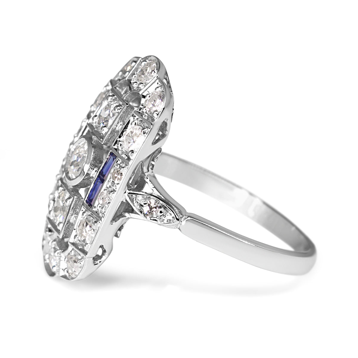 18ct White Gold Deco Style Old Cut Diamond and Sapphire Ring