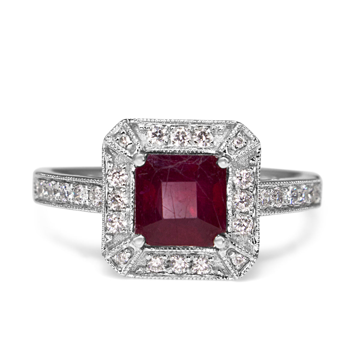 18ct White Gold Treated Ruby and Diamond Halo Ring