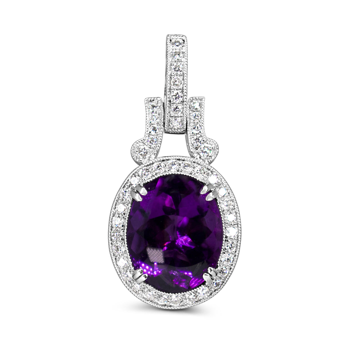 18ct White Gold Cabochon Amethyst and Diamond Halo Pendant