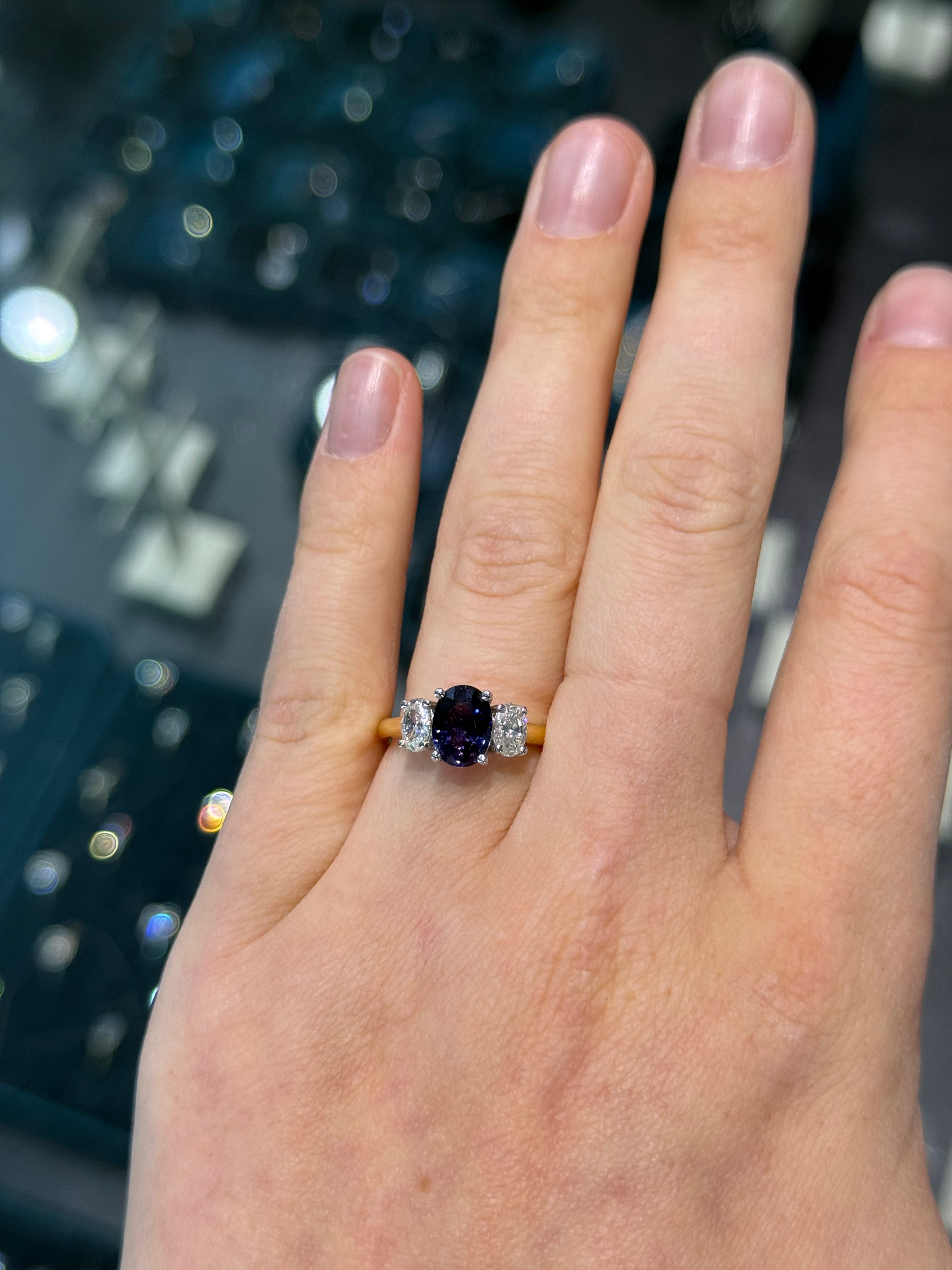 18ct Yellow and White Gold Oval Purple/Blue Sapphire and Diamond 3 Stone Ring