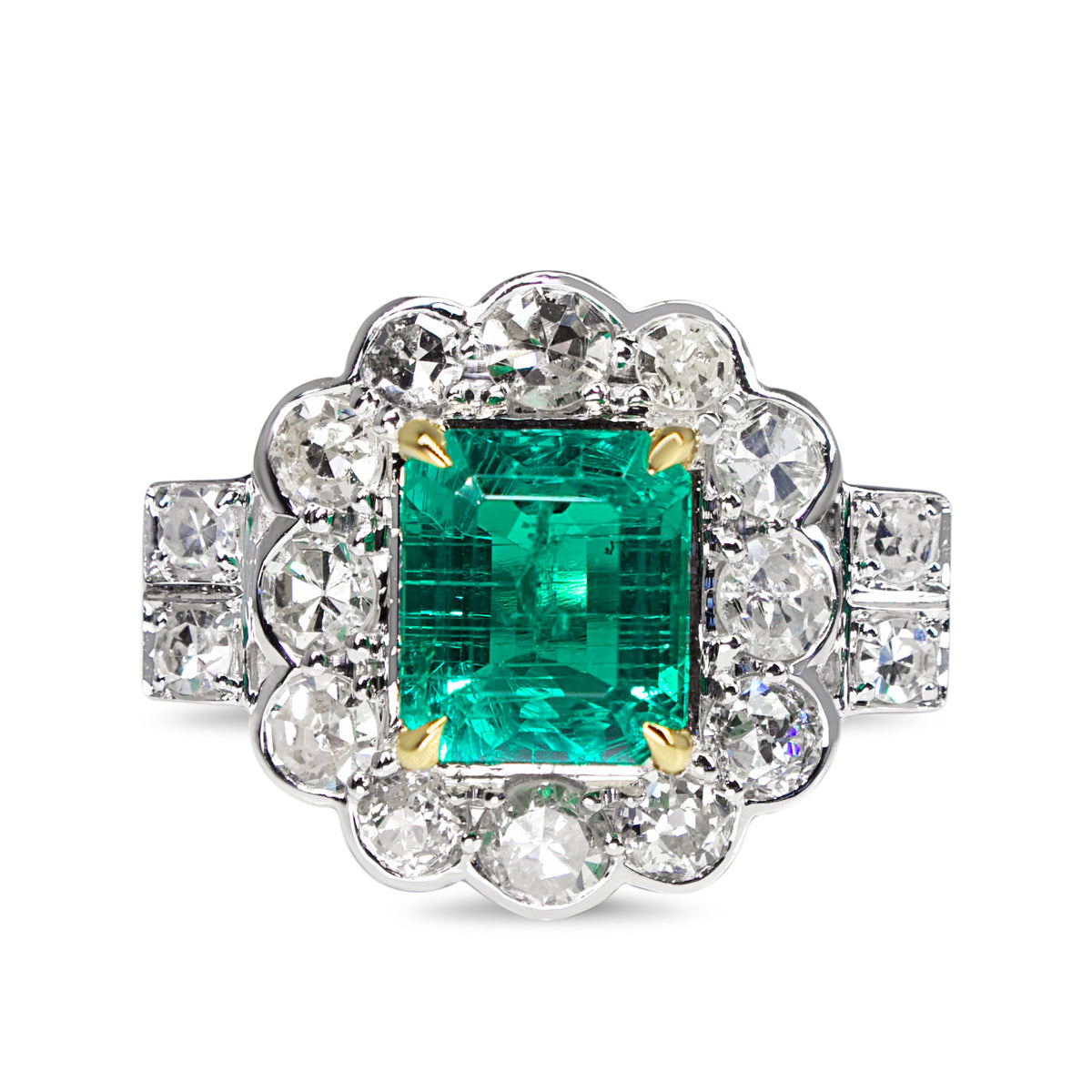 18ct White Gold Emerald and Old Cut Diamond Daisy Style Halo Ring