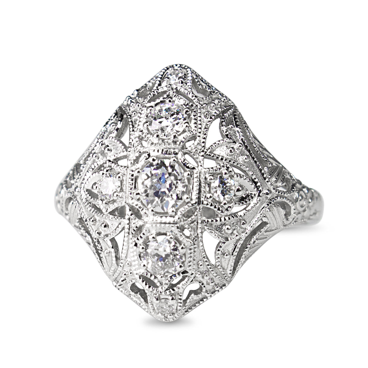 Platinum Old Cut Diamond and Filigree Art Deco Style Ring