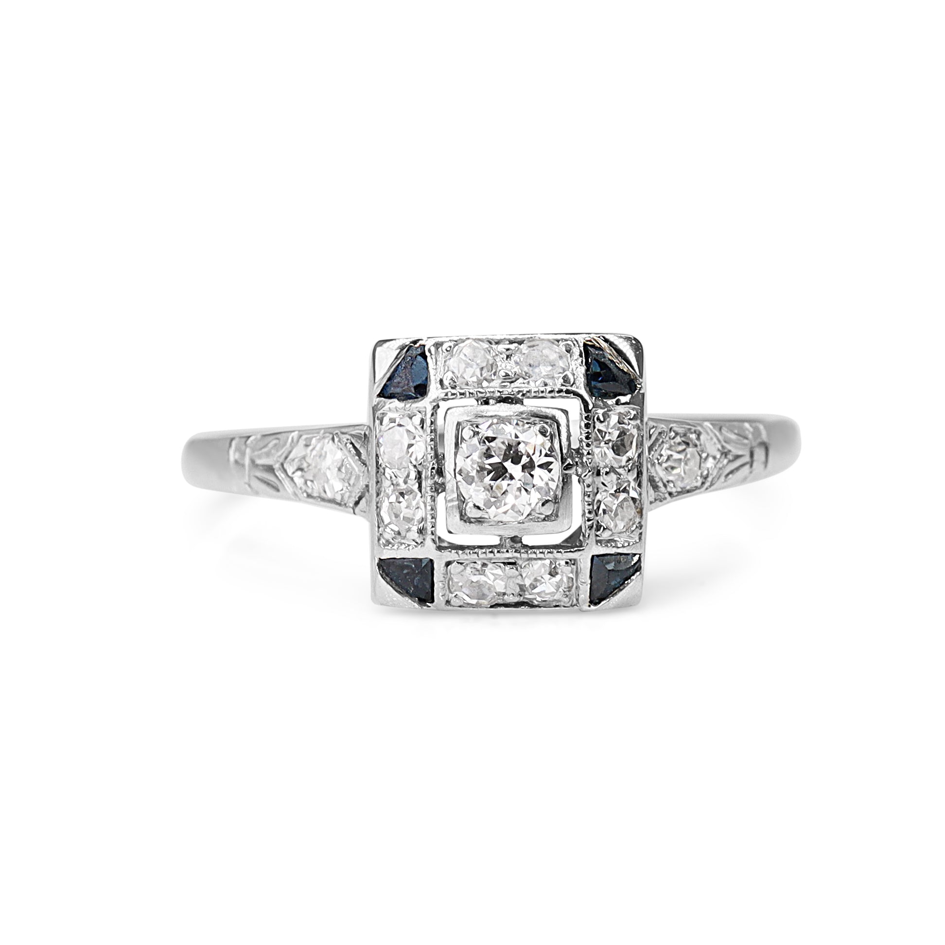 Platinum Antique Art Deco Sapphire and Old Cut Diamond Ring