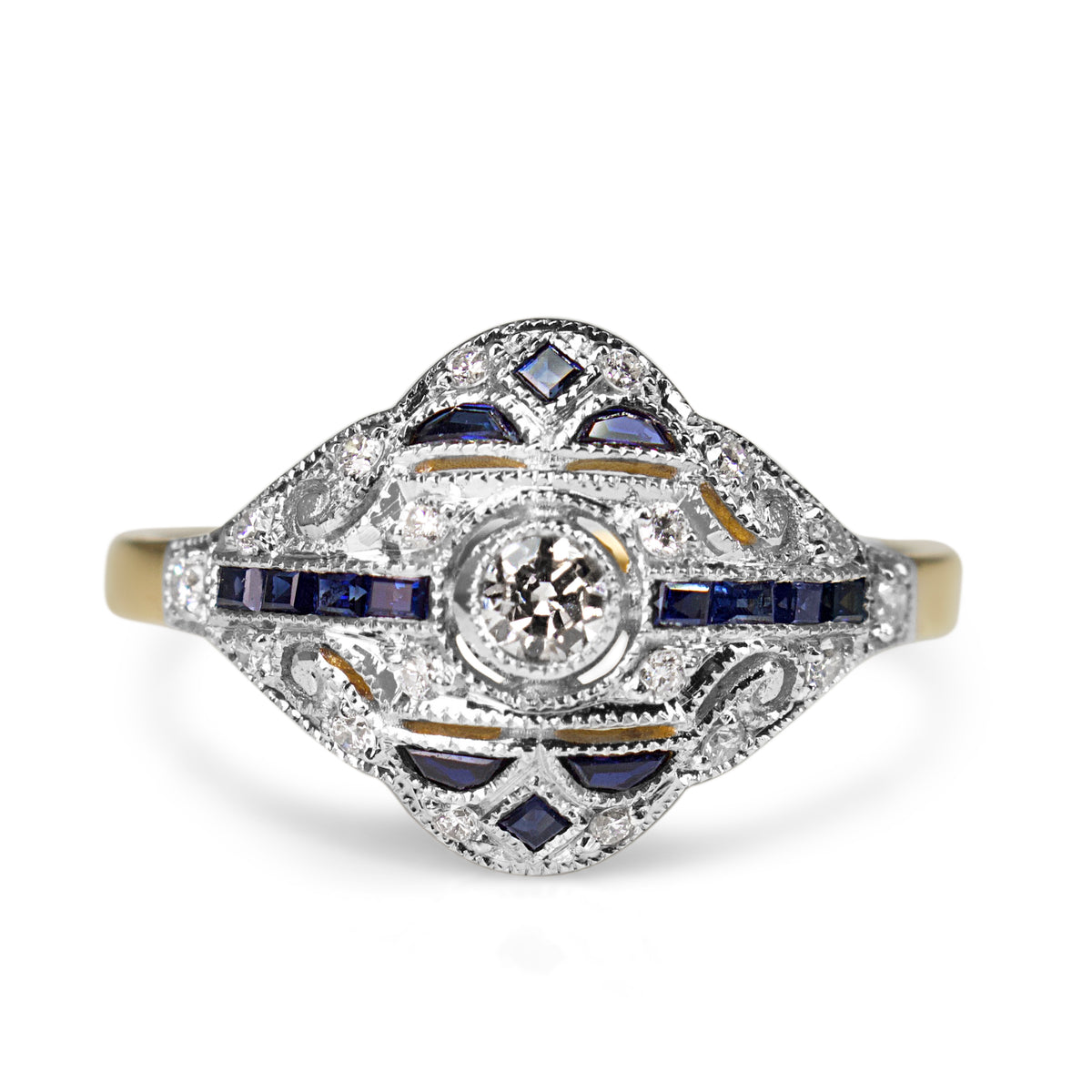 18ct Yellow and White Gold Sapphire and Old Cut Diamond Art Deco Ring