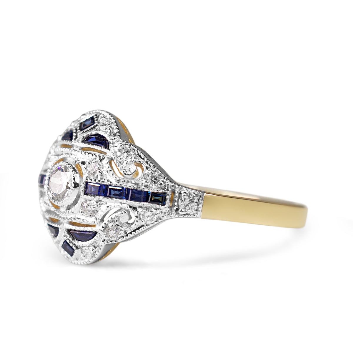 18ct Yellow and White Gold Sapphire and Old Cut Diamond Art Deco Ring