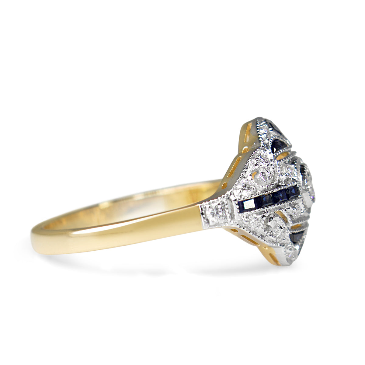 18ct Yellow and White Gold Sapphire and Old Cut Diamond Art Deco Ring