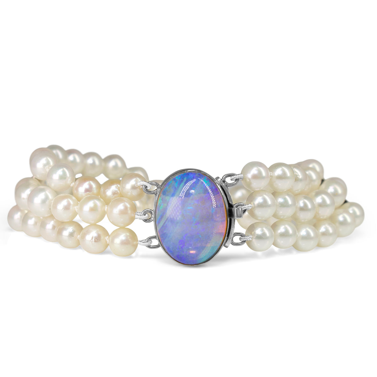 14ct White Gold Opal and Cultured Pearl 3 Strand Bracelet