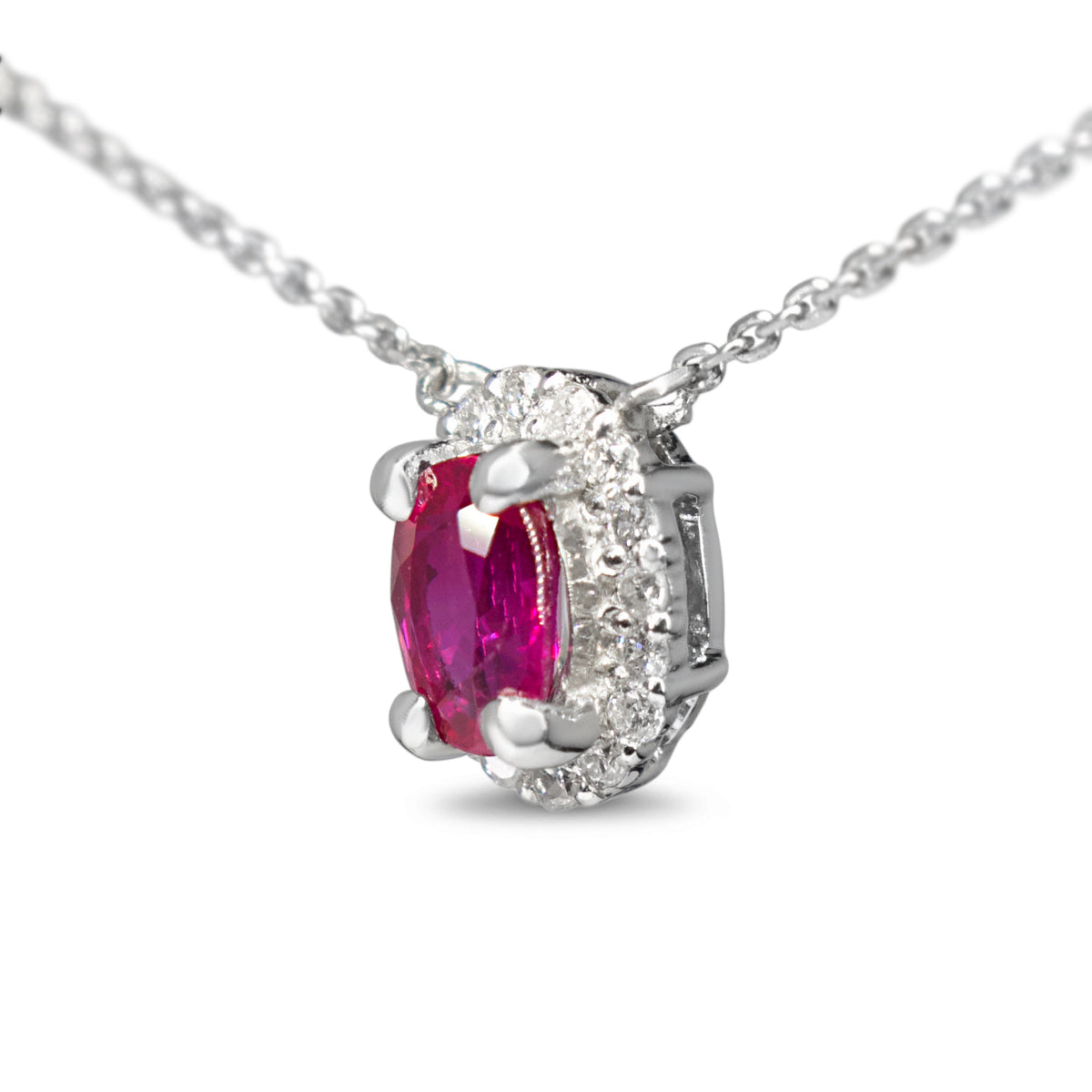 Platinum Ruby and Diamond Halo Necklace