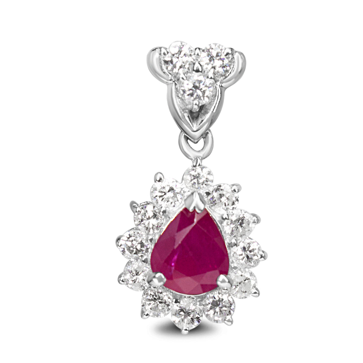 Platinum Pear Shaped Ruby and Diamond Halo Pendant