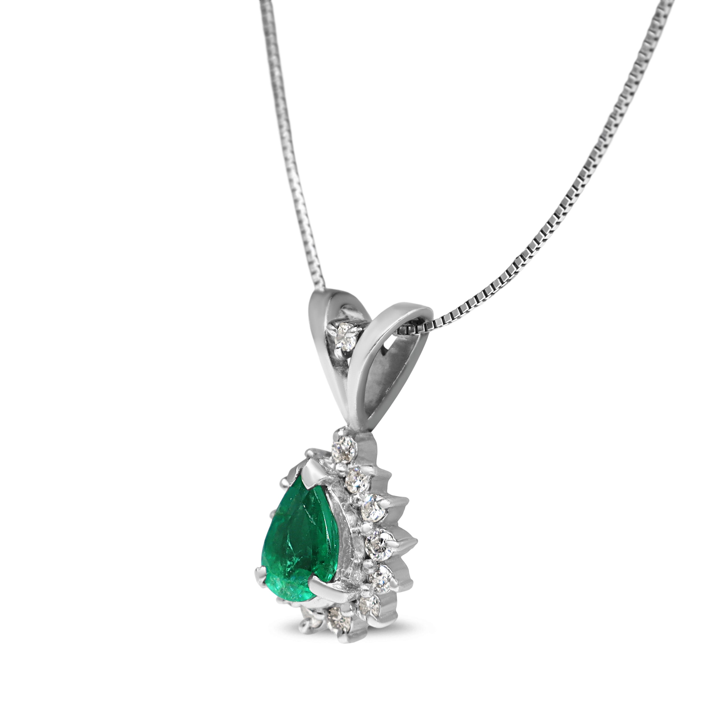 Platinum Emerald and Diamond Pear Shaped Halo Necklace