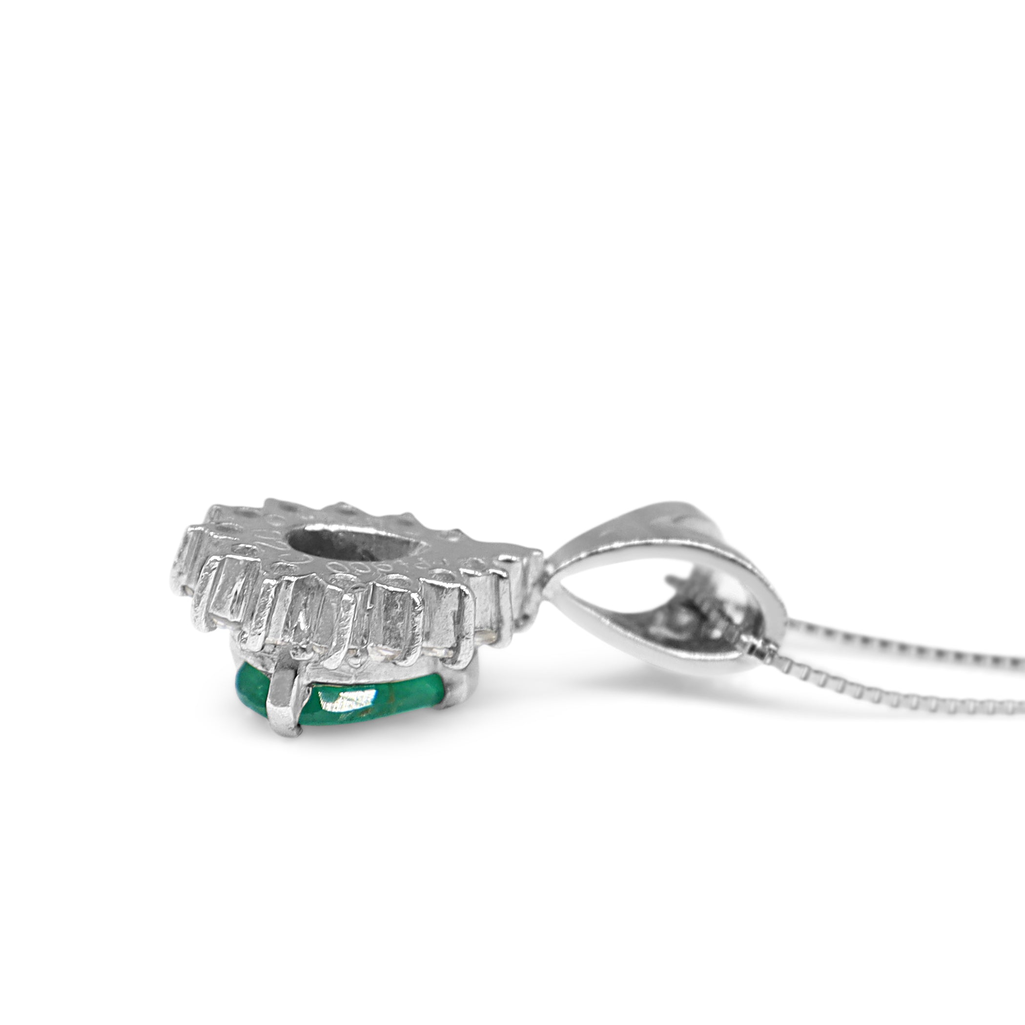 Platinum Emerald and Diamond Pear Shaped Halo Necklace