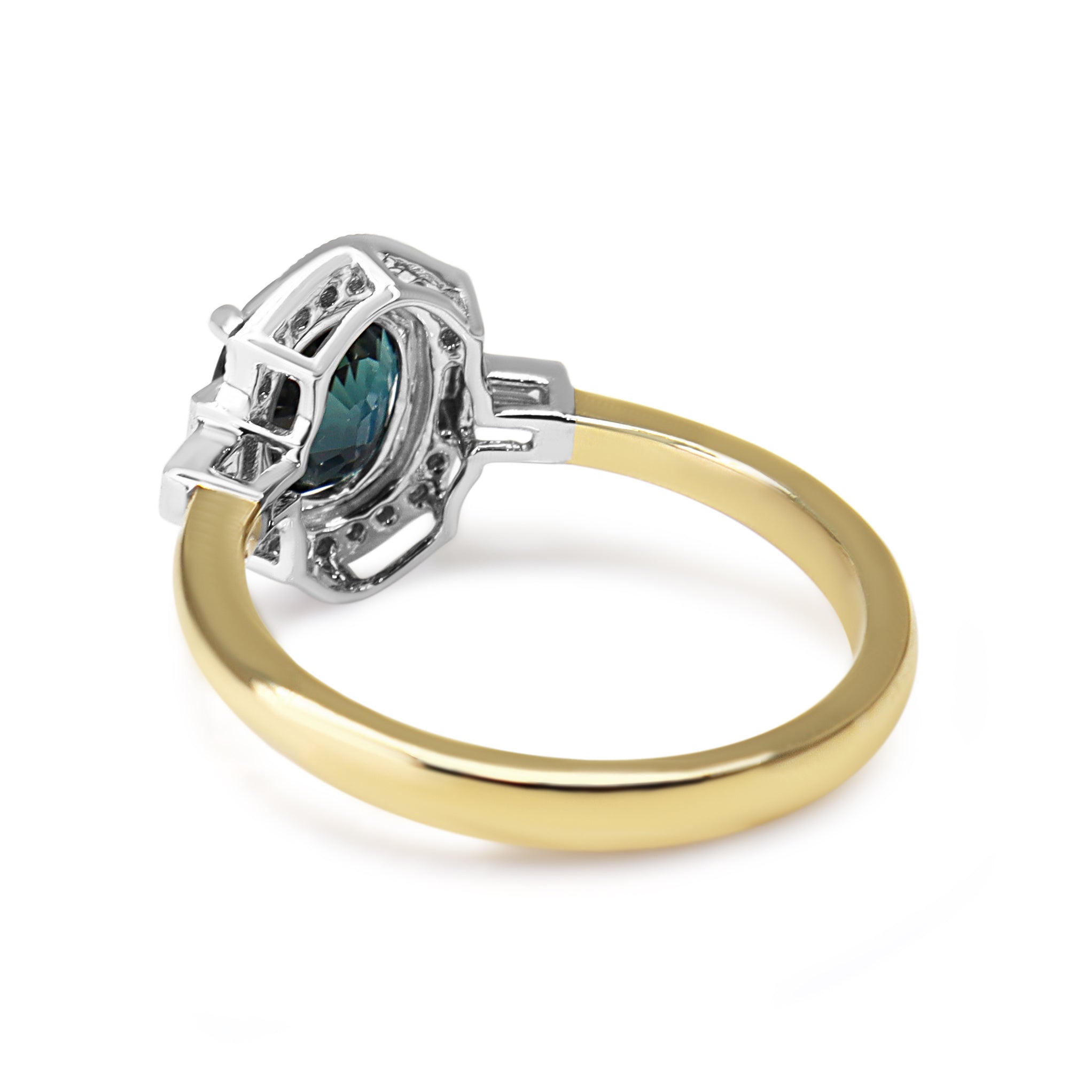 18ct Yellow and White Gold Deco Style Sapphire and Diamond Halo Ring