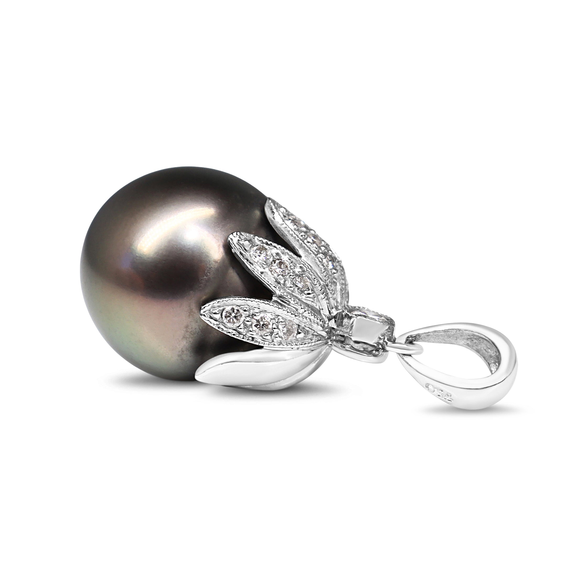 18ct White Gold 12mm Tahitian Pearl and Diamond Flower Cap Pendant