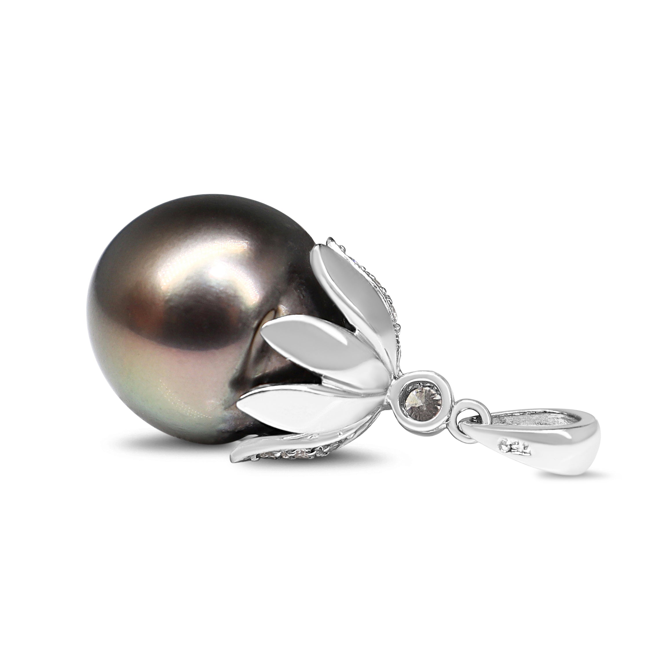 18ct White Gold 12mm Tahitian Pearl and Diamond Flower Cap Pendant