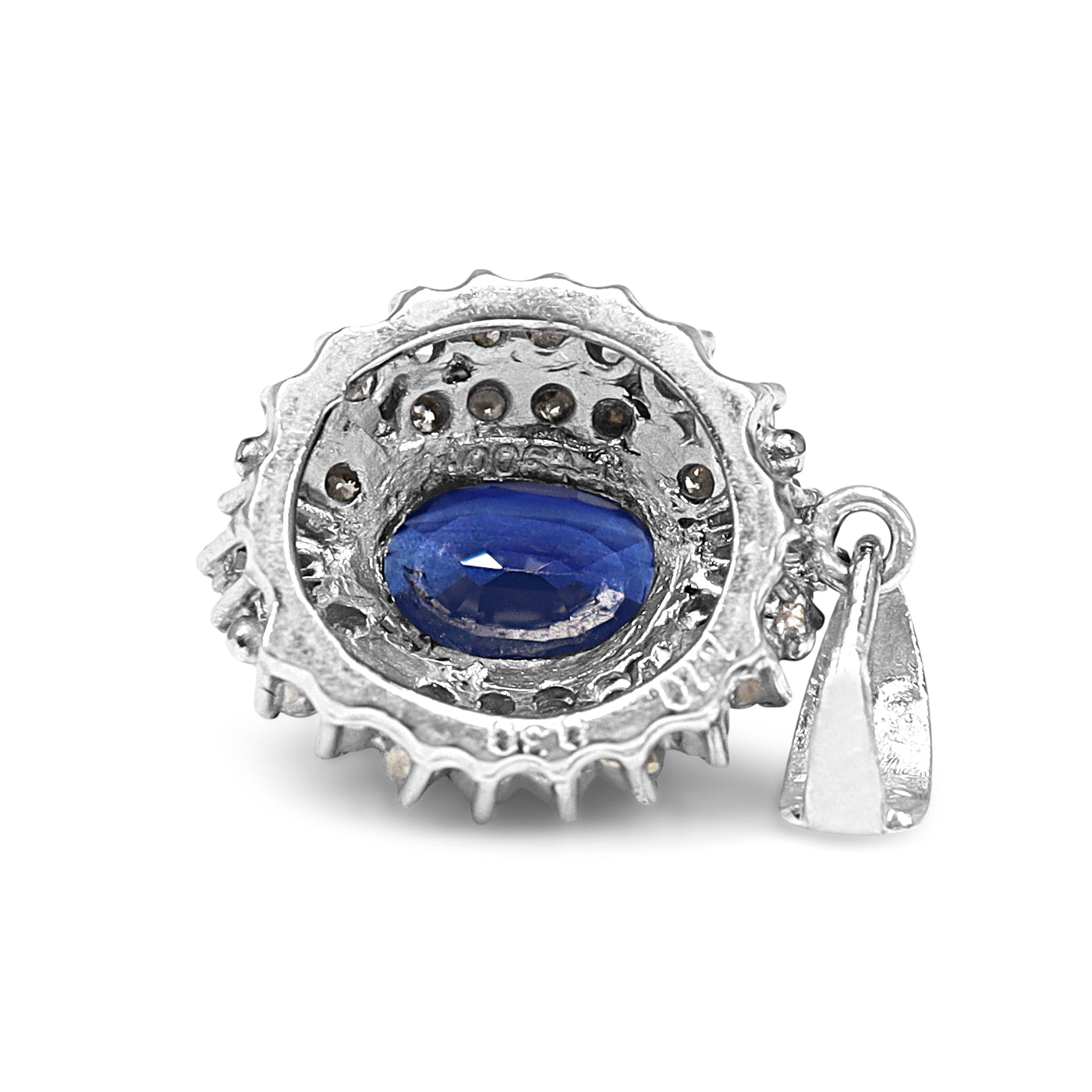 Platinum Sapphire and Baguette and Round Diamond Halo Pendant