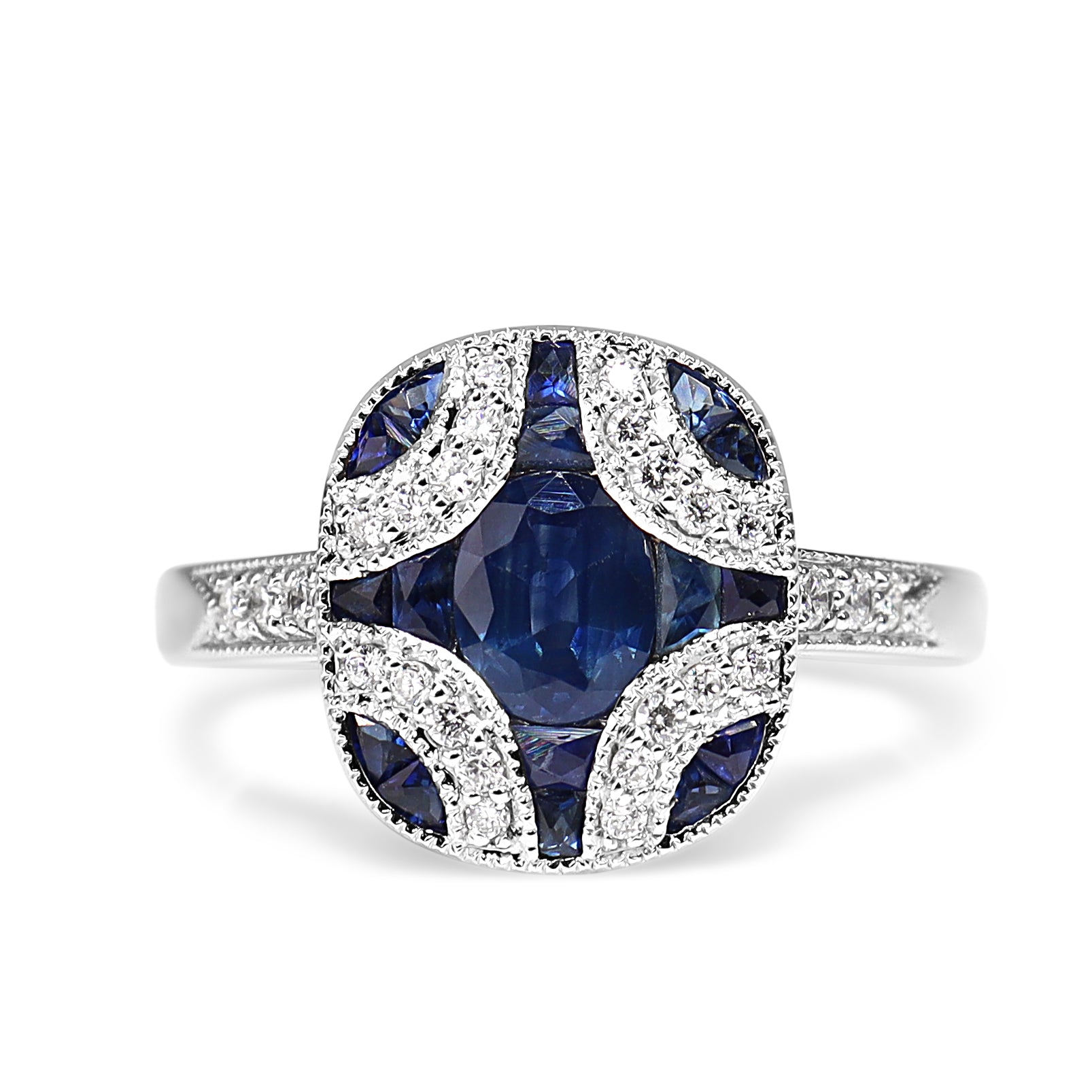 9ct White Gold Art Deco Style Sapphire and Diamond Ring