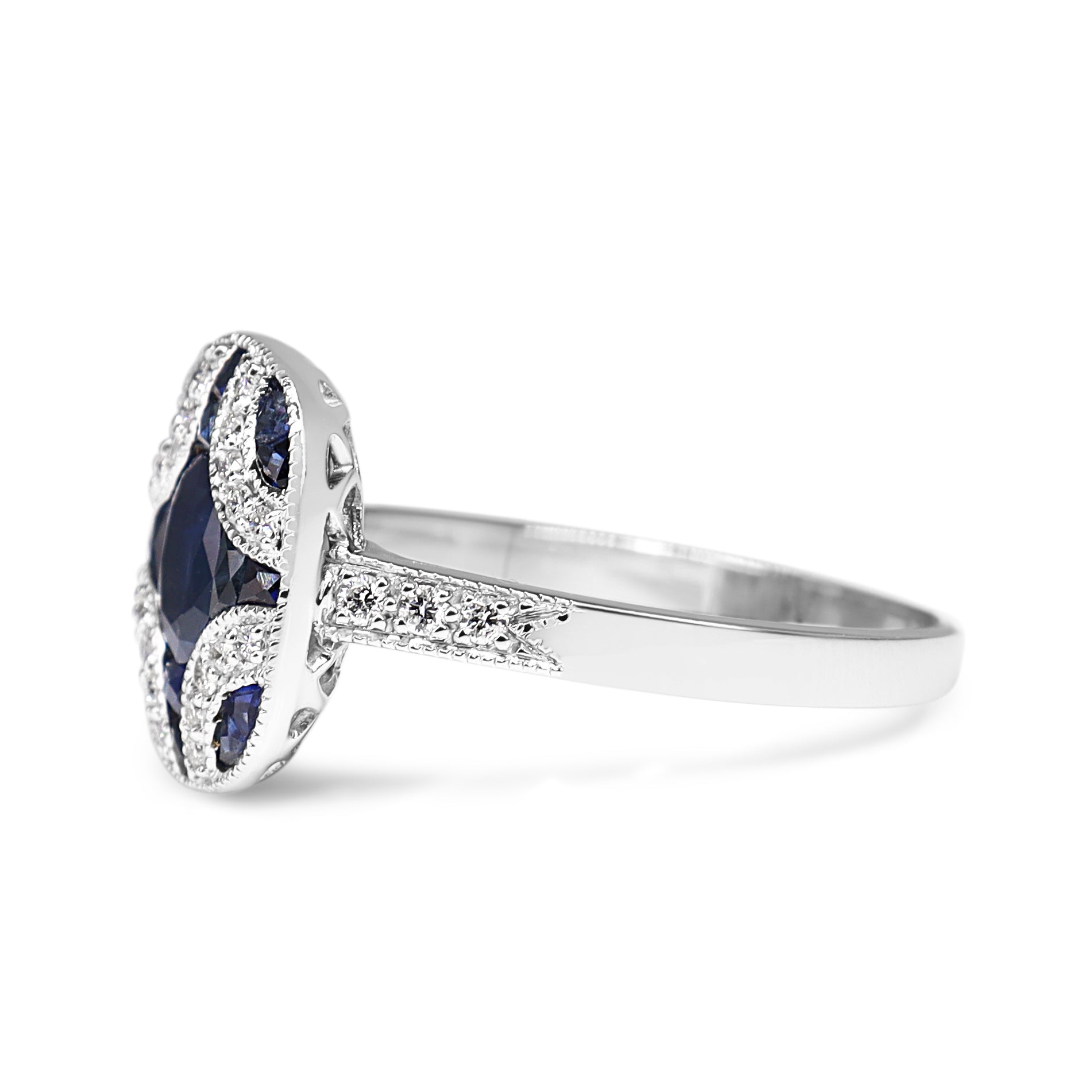 9ct White Gold Art Deco Style Sapphire and Diamond Ring