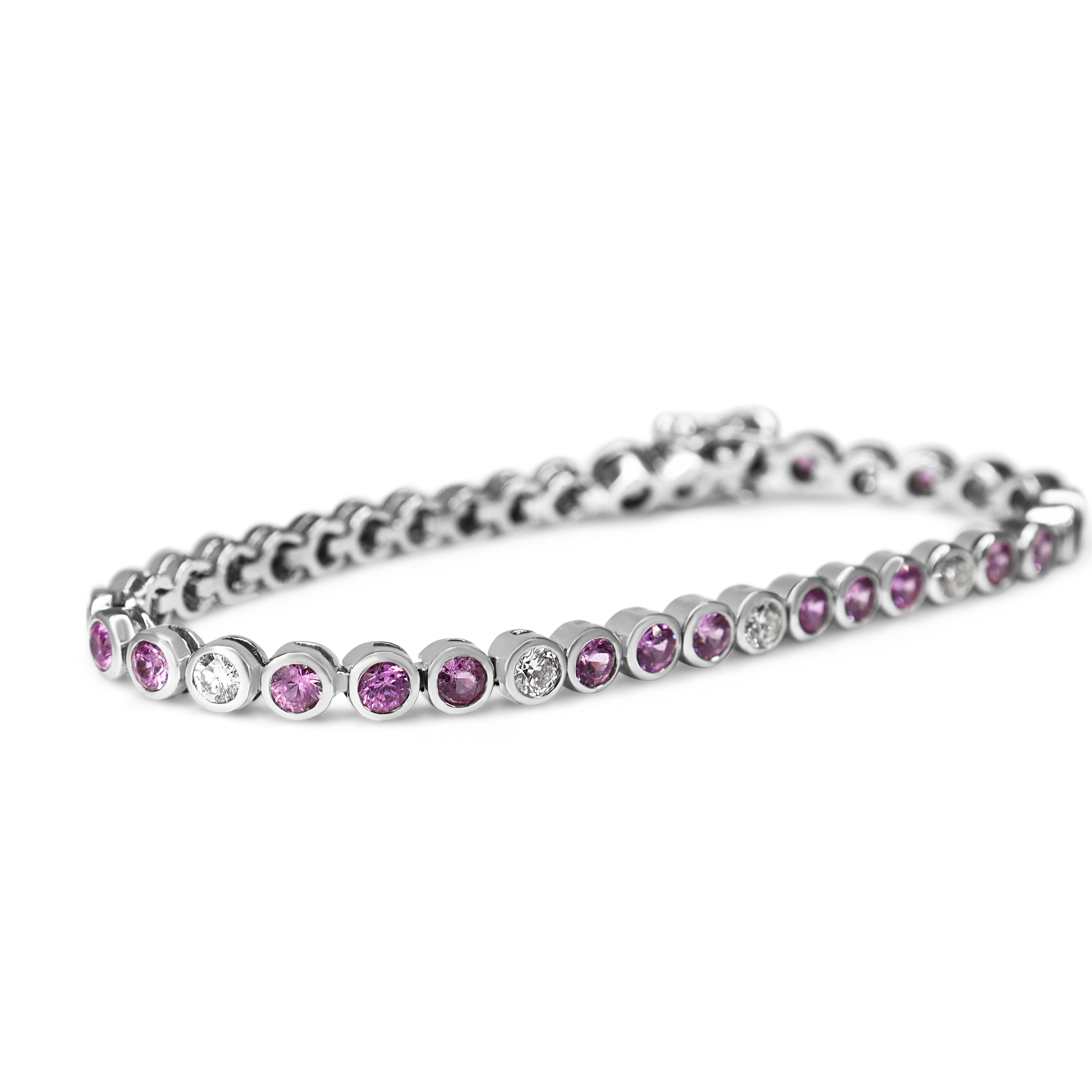 18ct White Gold Pink Sapphire and Diamond Bezel Tennis Bracelet