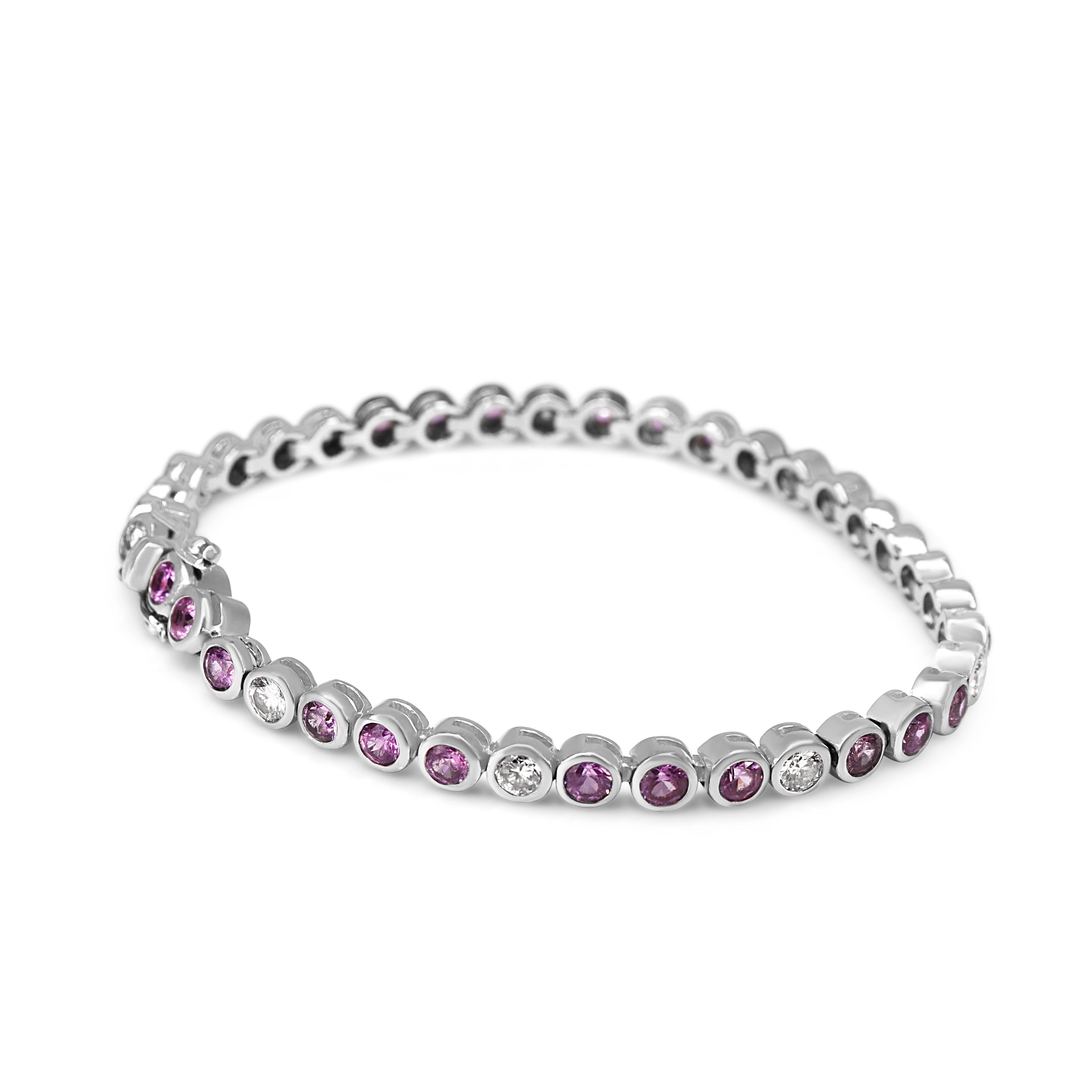 18ct White Gold Pink Sapphire and Diamond Bezel Tennis Bracelet