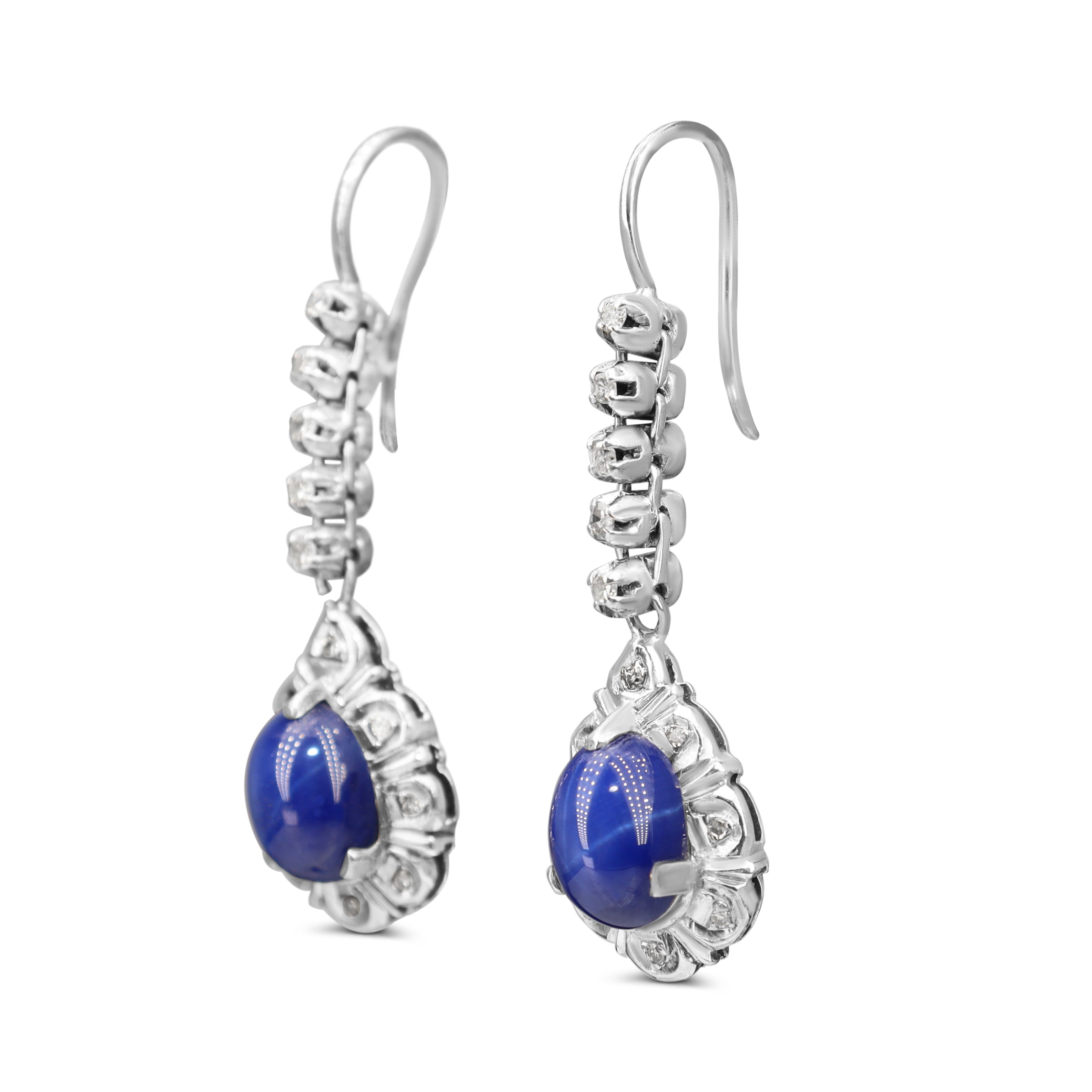 Palladium Linde Star Sapphire and Single Cut Diamond Drop Halo Earrings