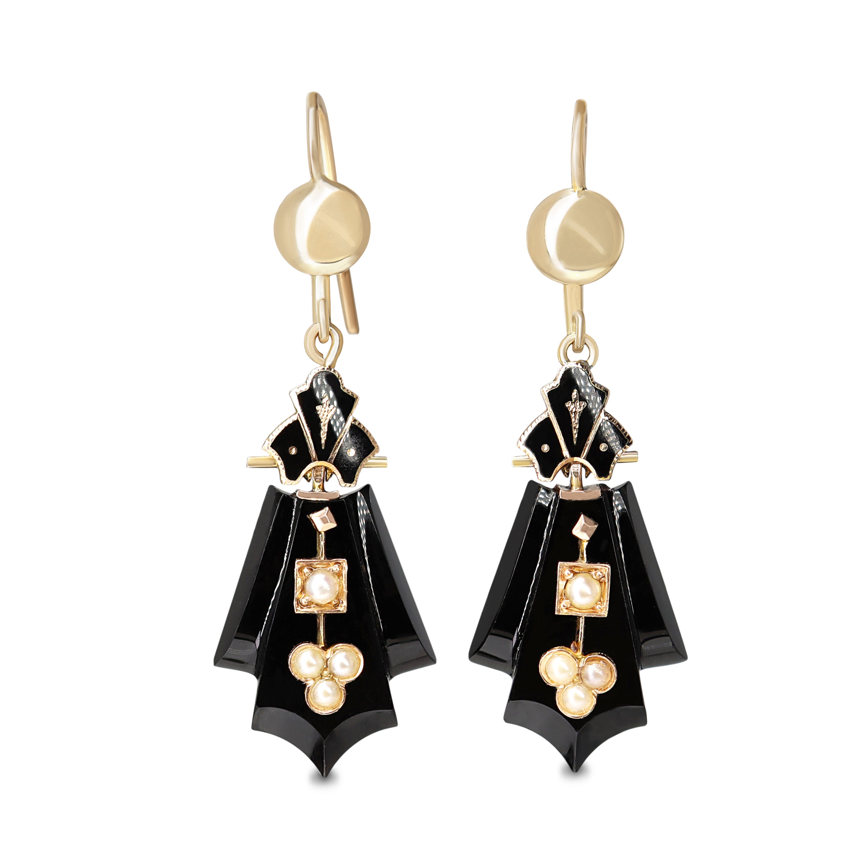 14ct Yellow Gold Art Deco Onyx and Seed Pearl Earrings