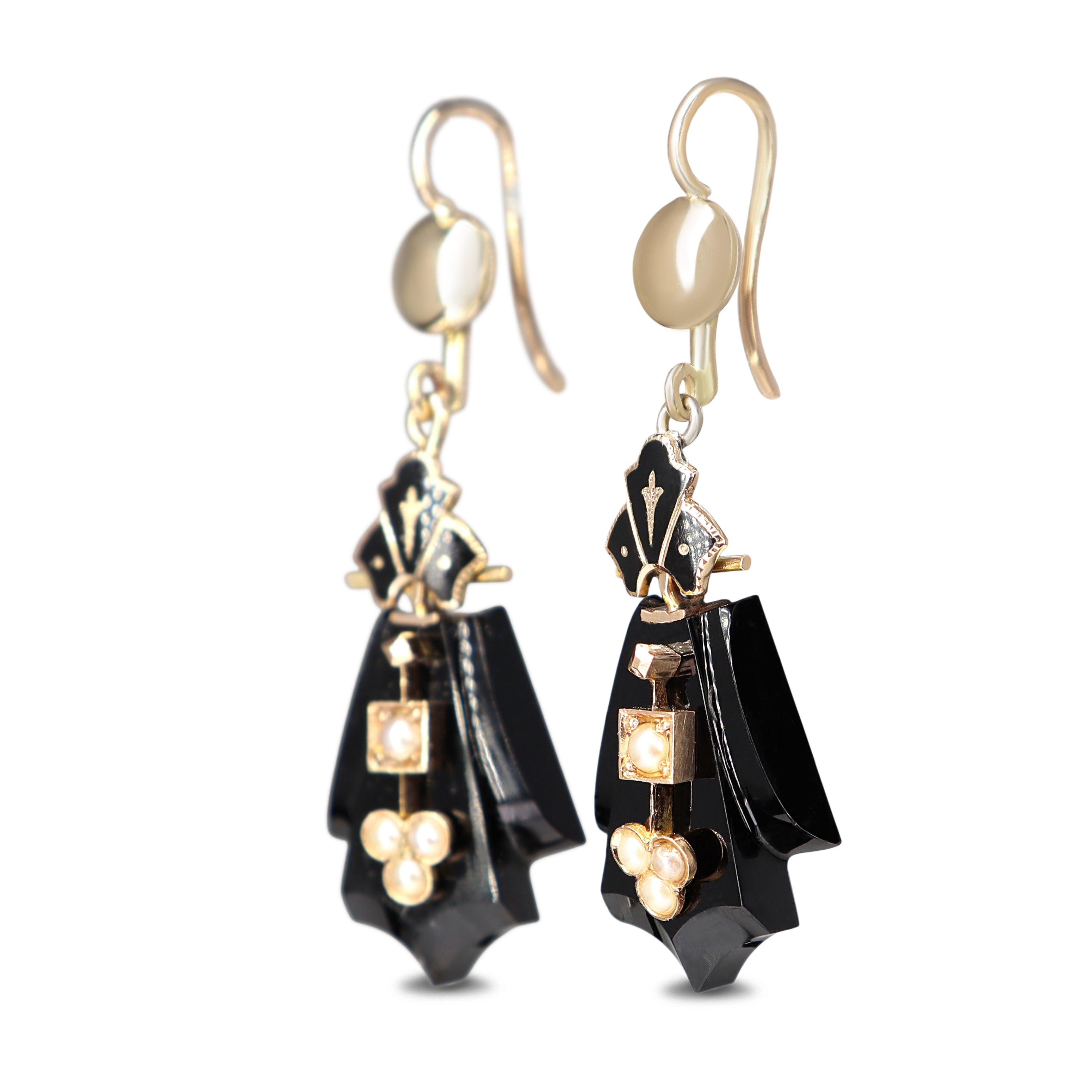 14ct Yellow Gold Art Deco Onyx and Seed Pearl Earrings