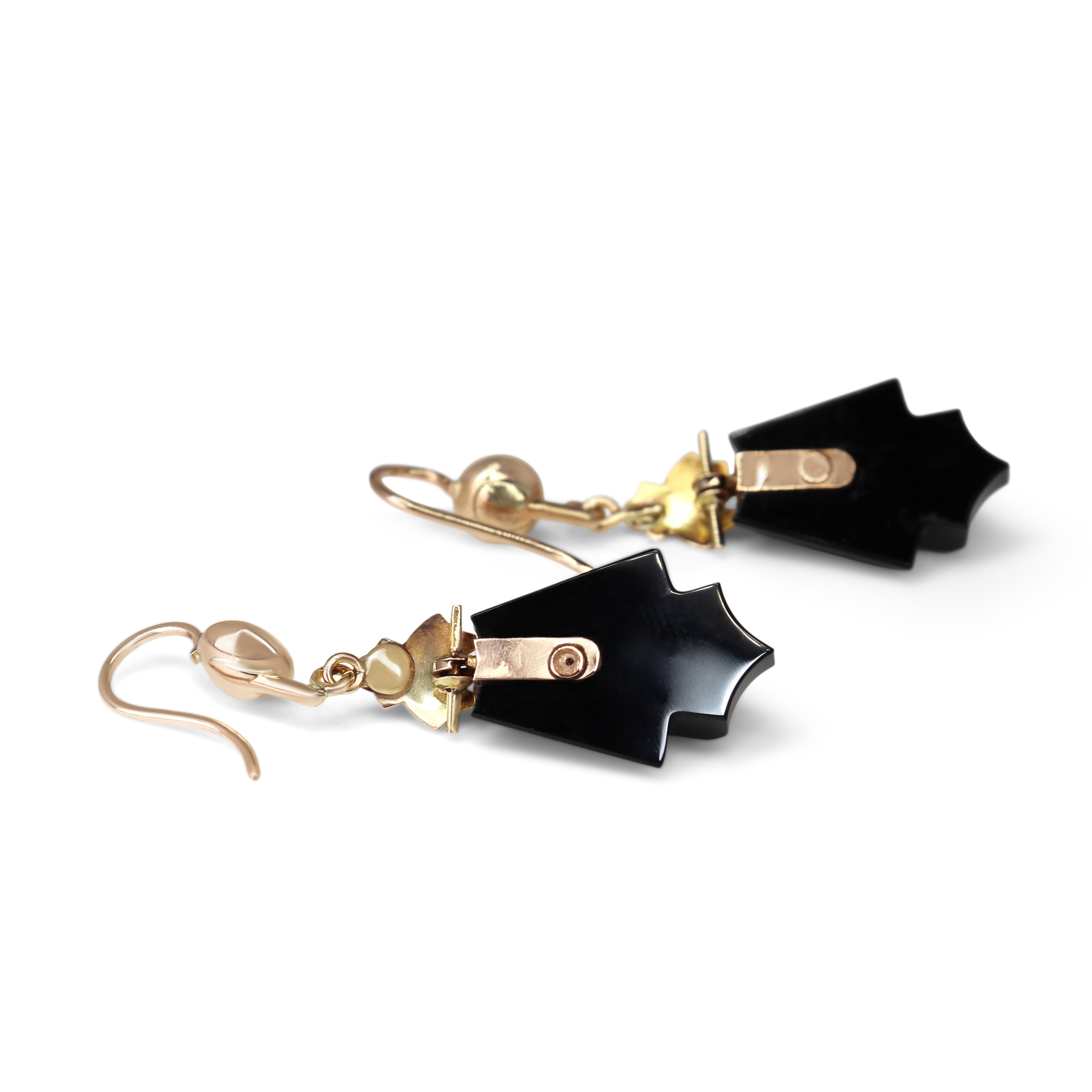14ct Yellow Gold Art Deco Onyx and Seed Pearl Earrings