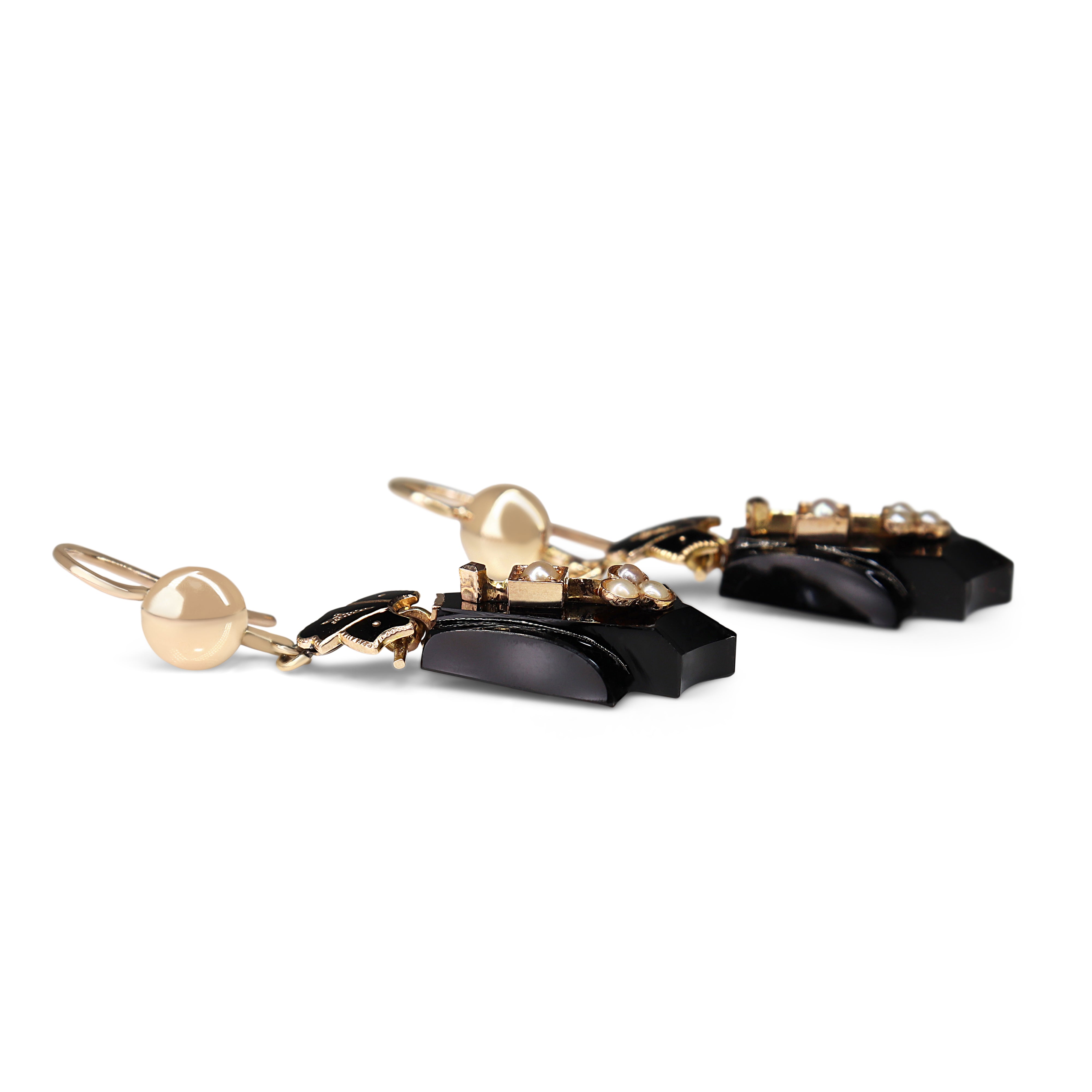 14ct Yellow Gold Art Deco Onyx and Seed Pearl Earrings