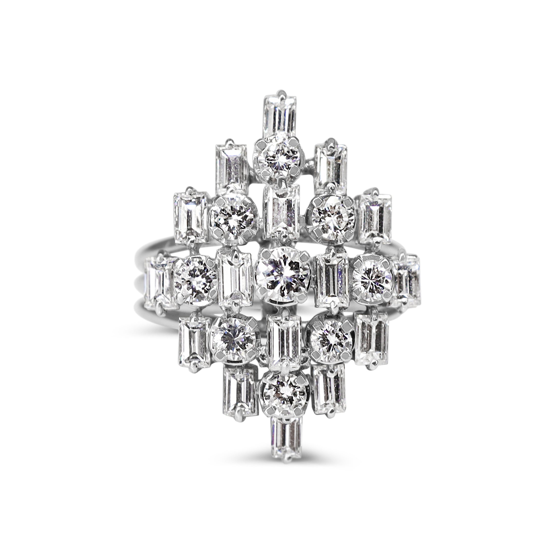 14ct White Gold Baguette and Round Diamond Cocktail Ring