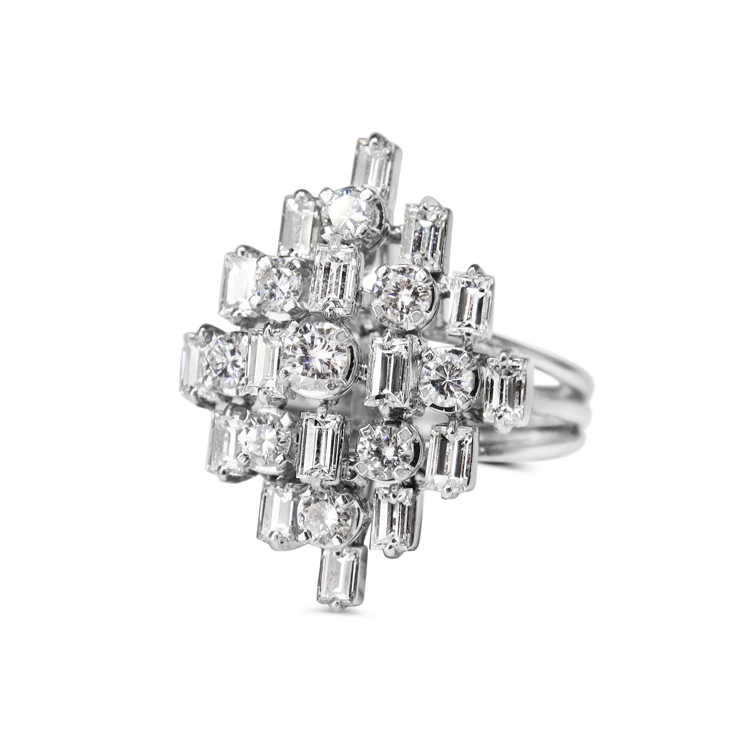 14ct White Gold Baguette and Round Diamond Cocktail Ring