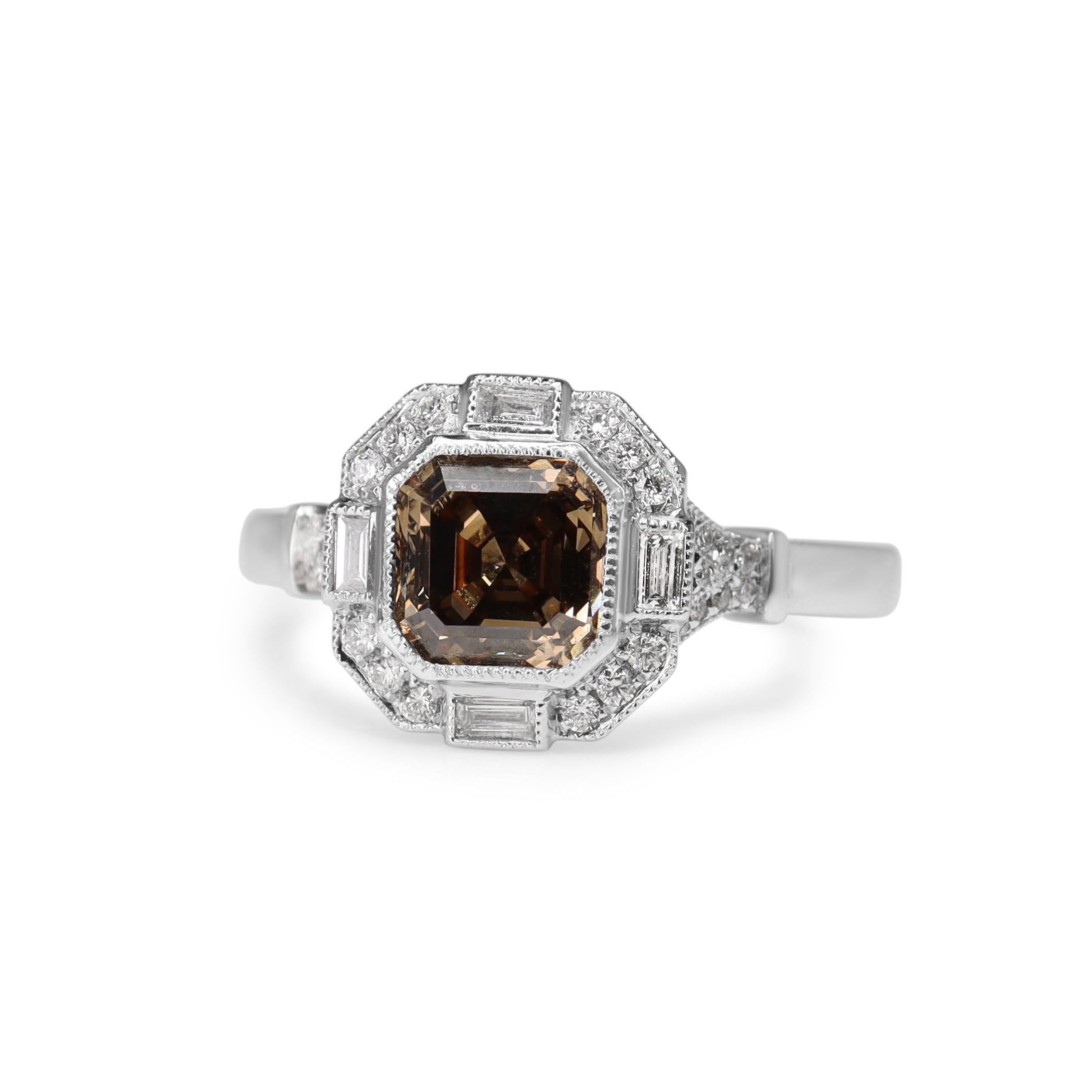 18ct White Gold Champagne Asscher Diamond Halo Ring in Art Deco Style
