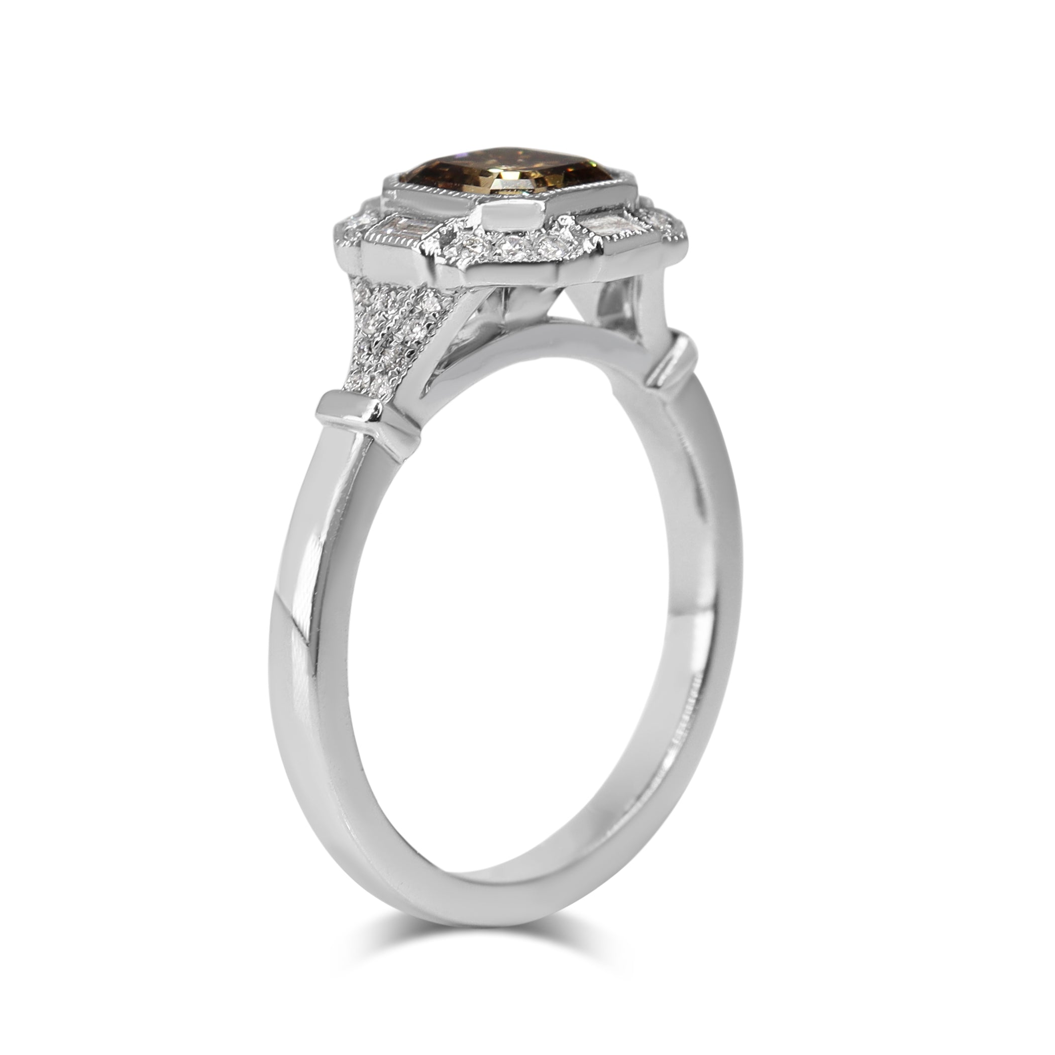 18ct White Gold Champagne Asscher Diamond Halo Ring in Art Deco Style