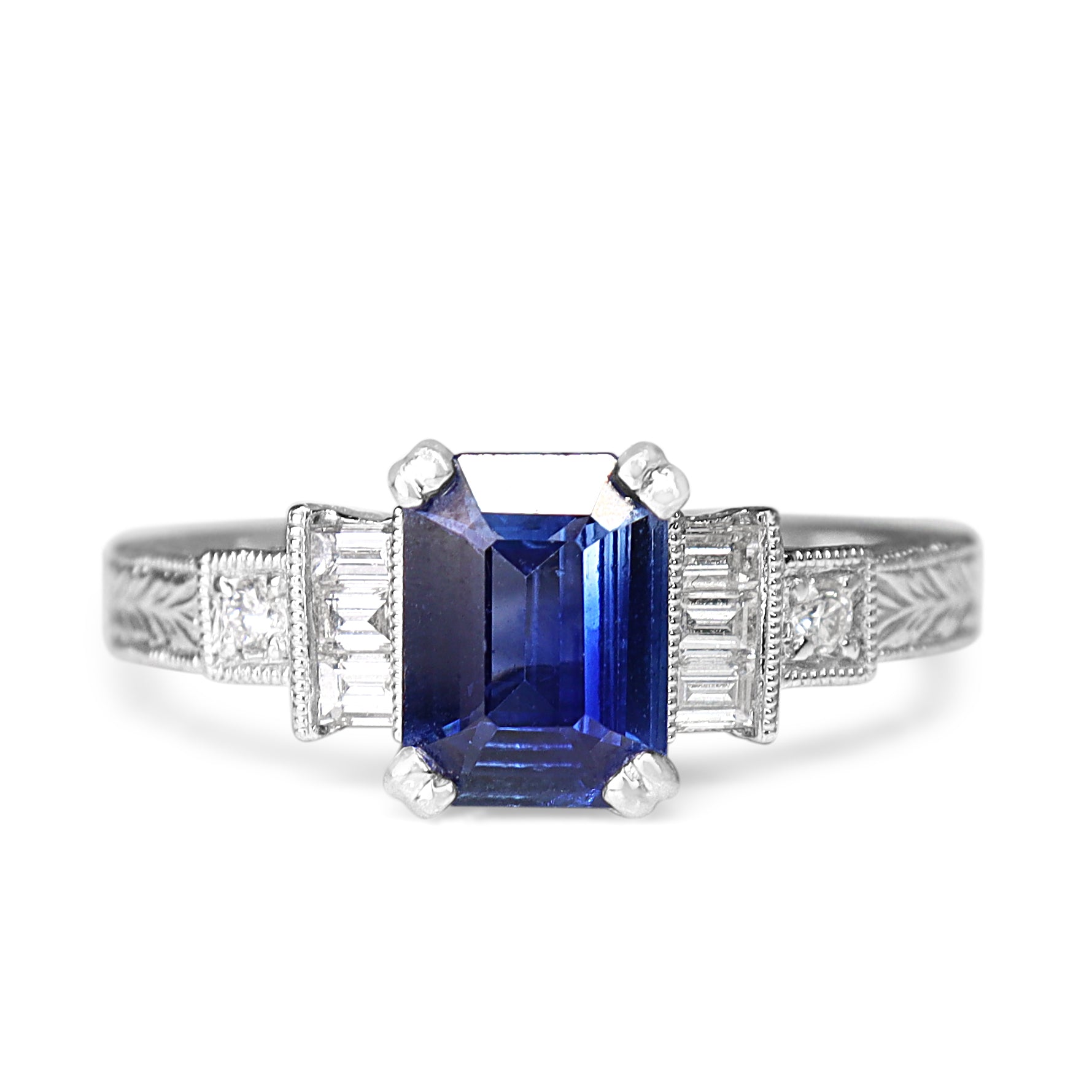 Platinum Sapphire and Diamond Art Deco Style Engraved Band Ring