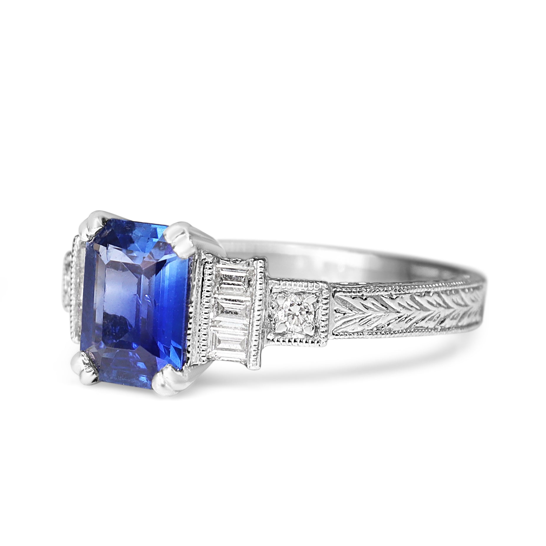 Platinum Sapphire and Diamond Art Deco Style Engraved Band Ring