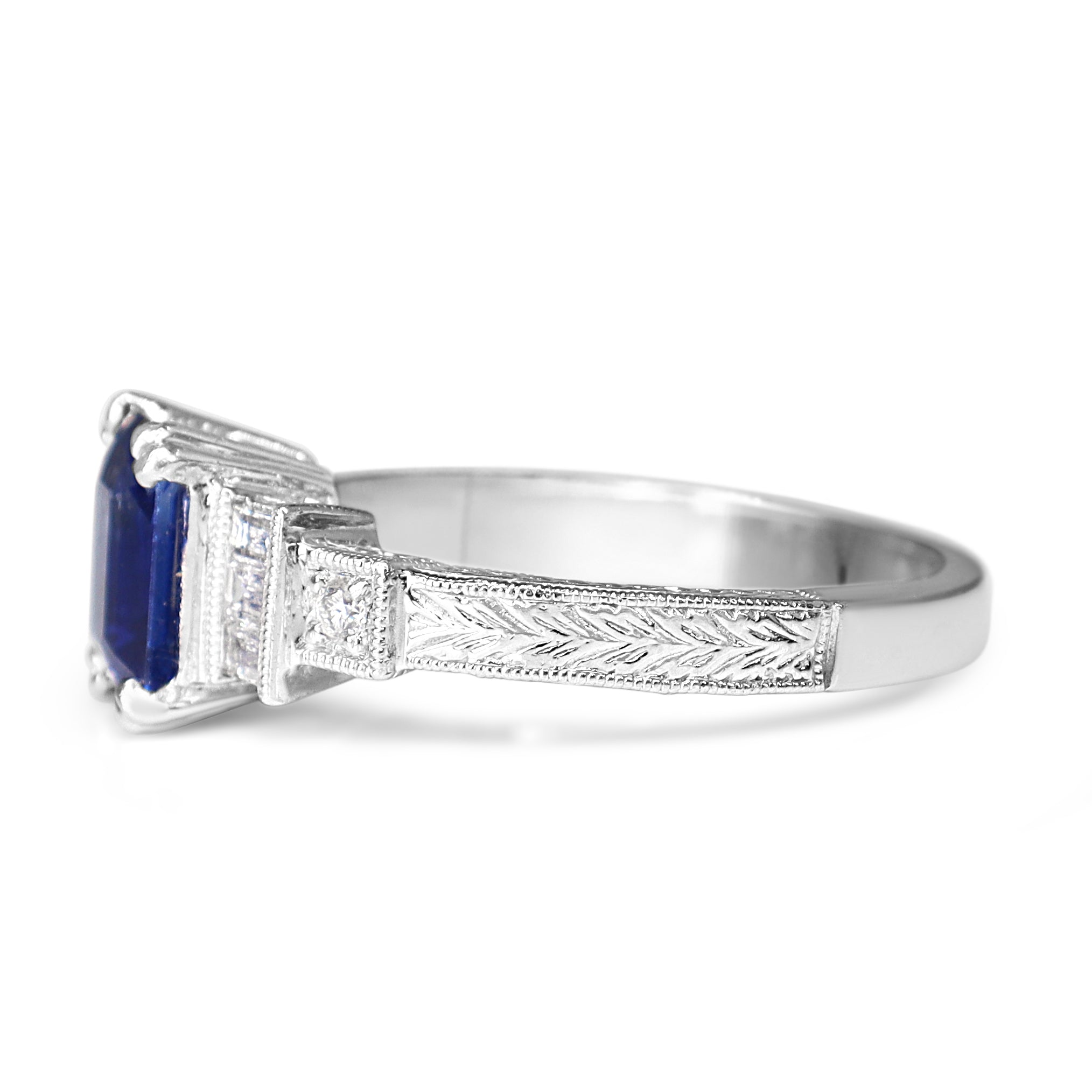 Platinum Sapphire and Diamond Art Deco Style Engraved Band Ring