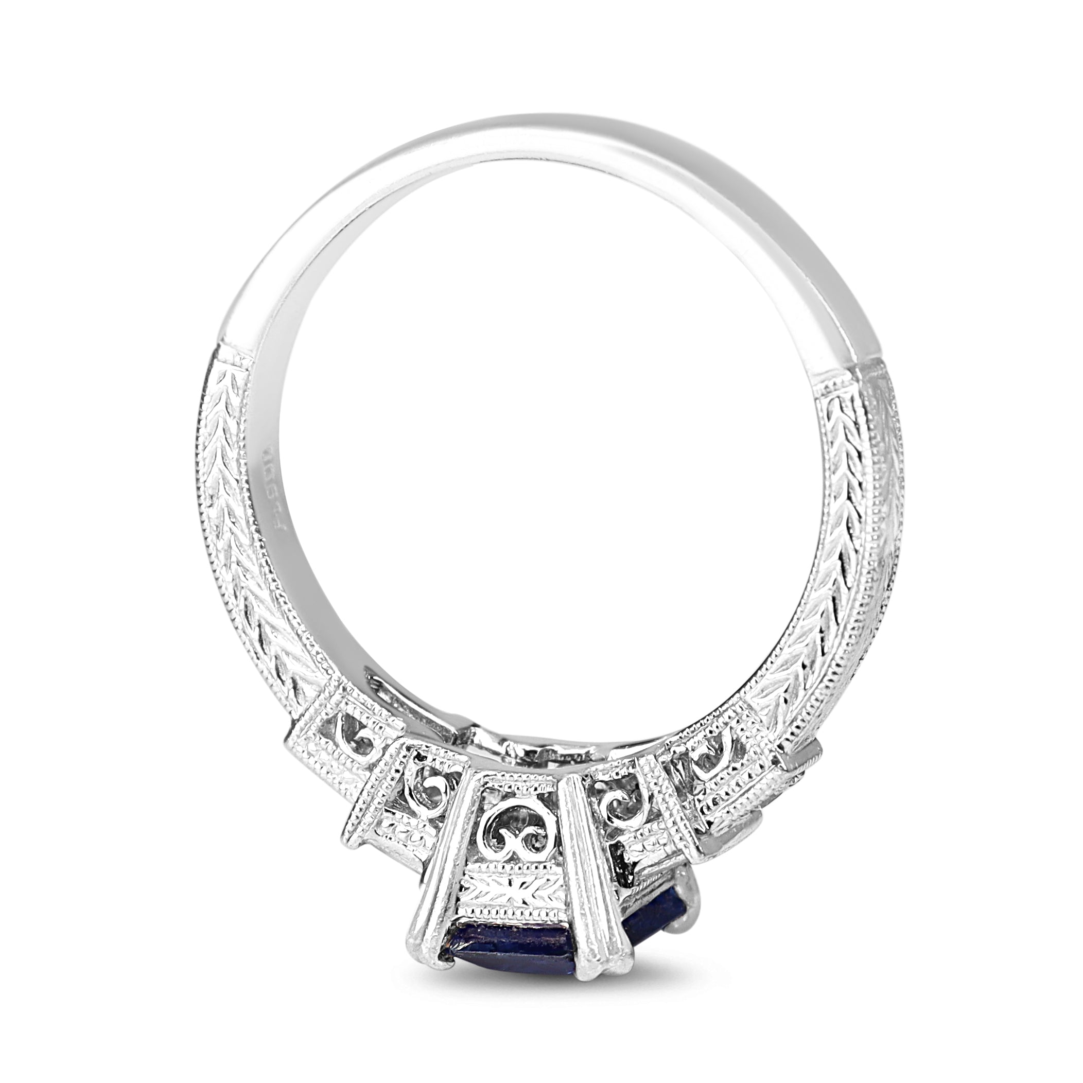 Platinum Sapphire and Diamond Art Deco Style Engraved Band Ring