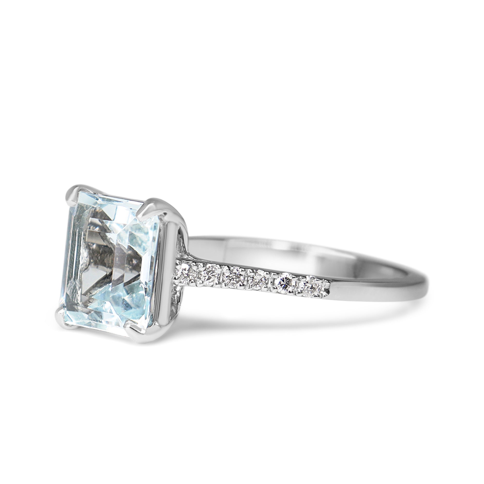 Platinum Square Aquamarine and Diamond Solitaire Ring