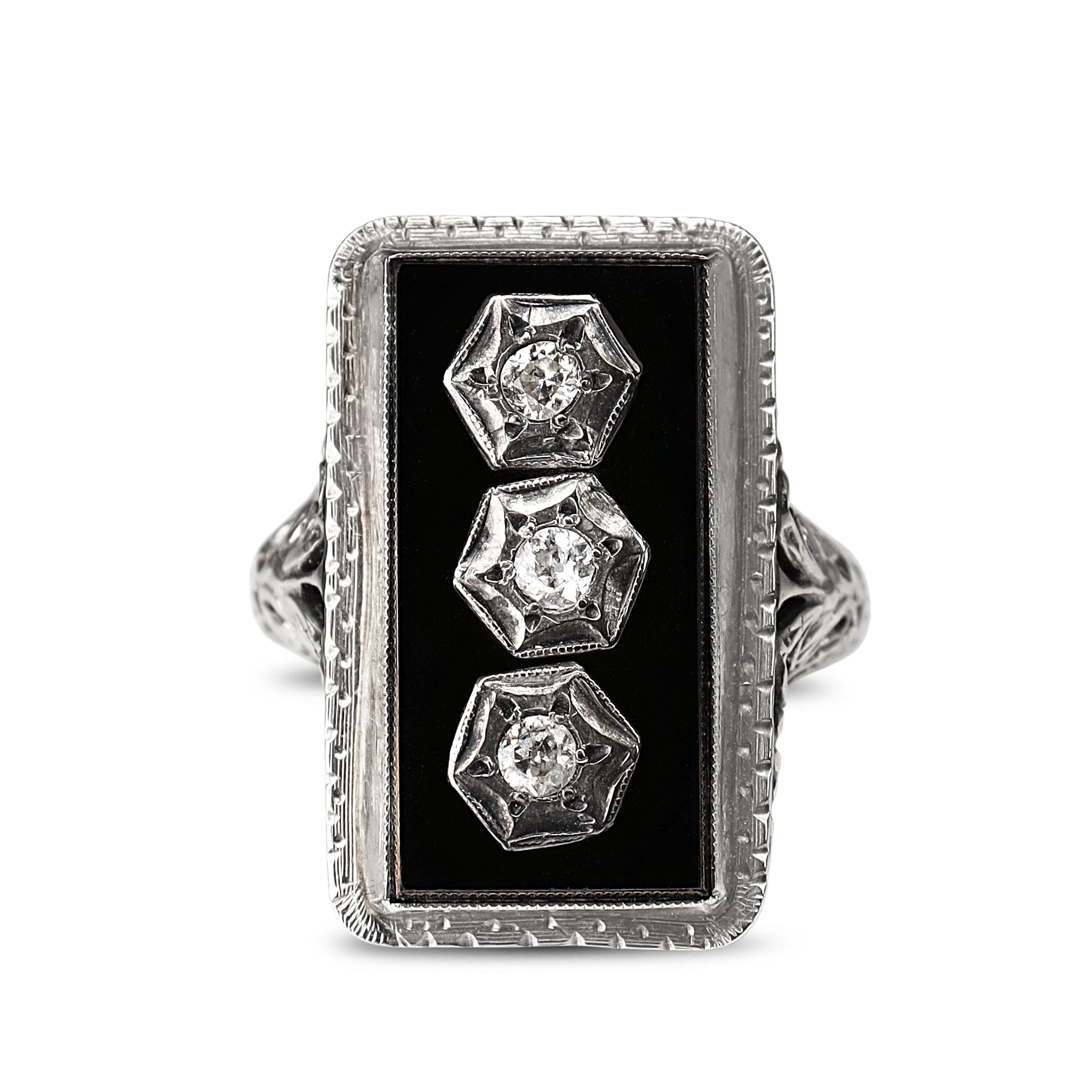 14ct White Gold Art Deco Onyx and Old Cut Diamond Ring