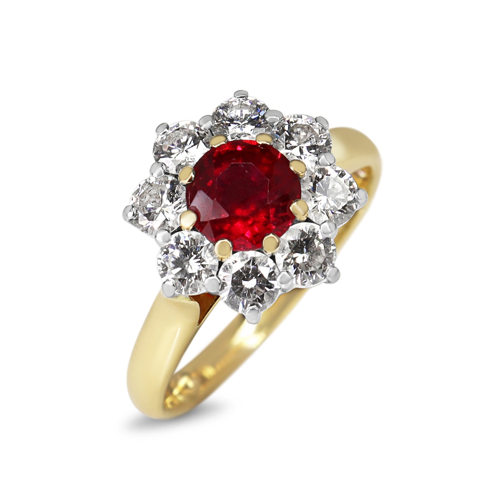 18ct Yellow Gold Ruby and Diamond Halo Cluster Ring