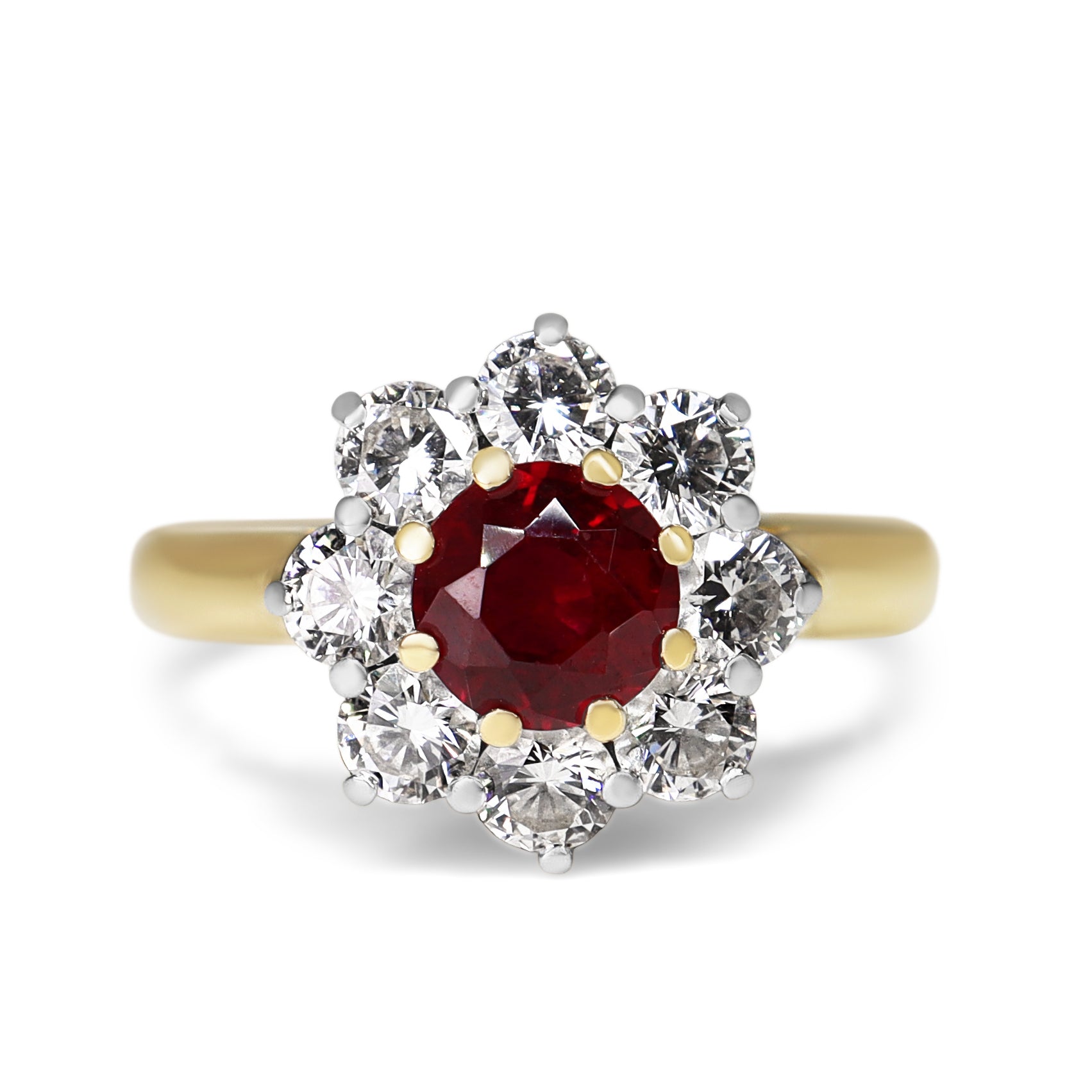 18ct Yellow Gold Ruby and Diamond Halo Cluster Ring