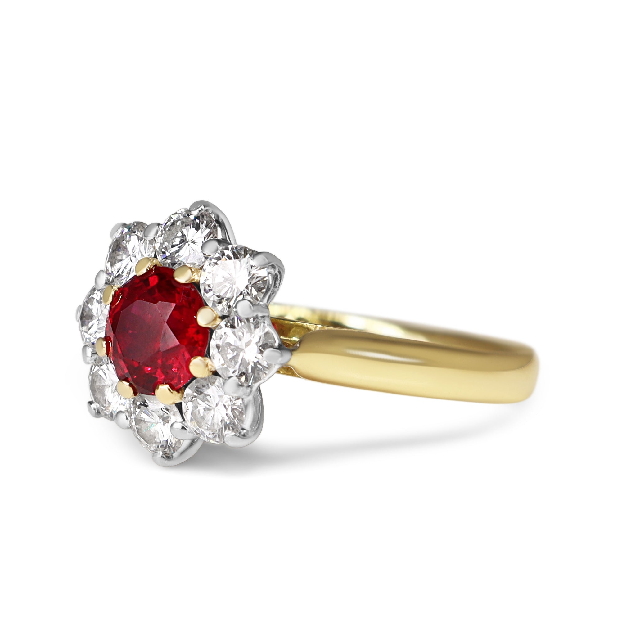 18ct Yellow Gold Ruby and Diamond Halo Cluster Ring